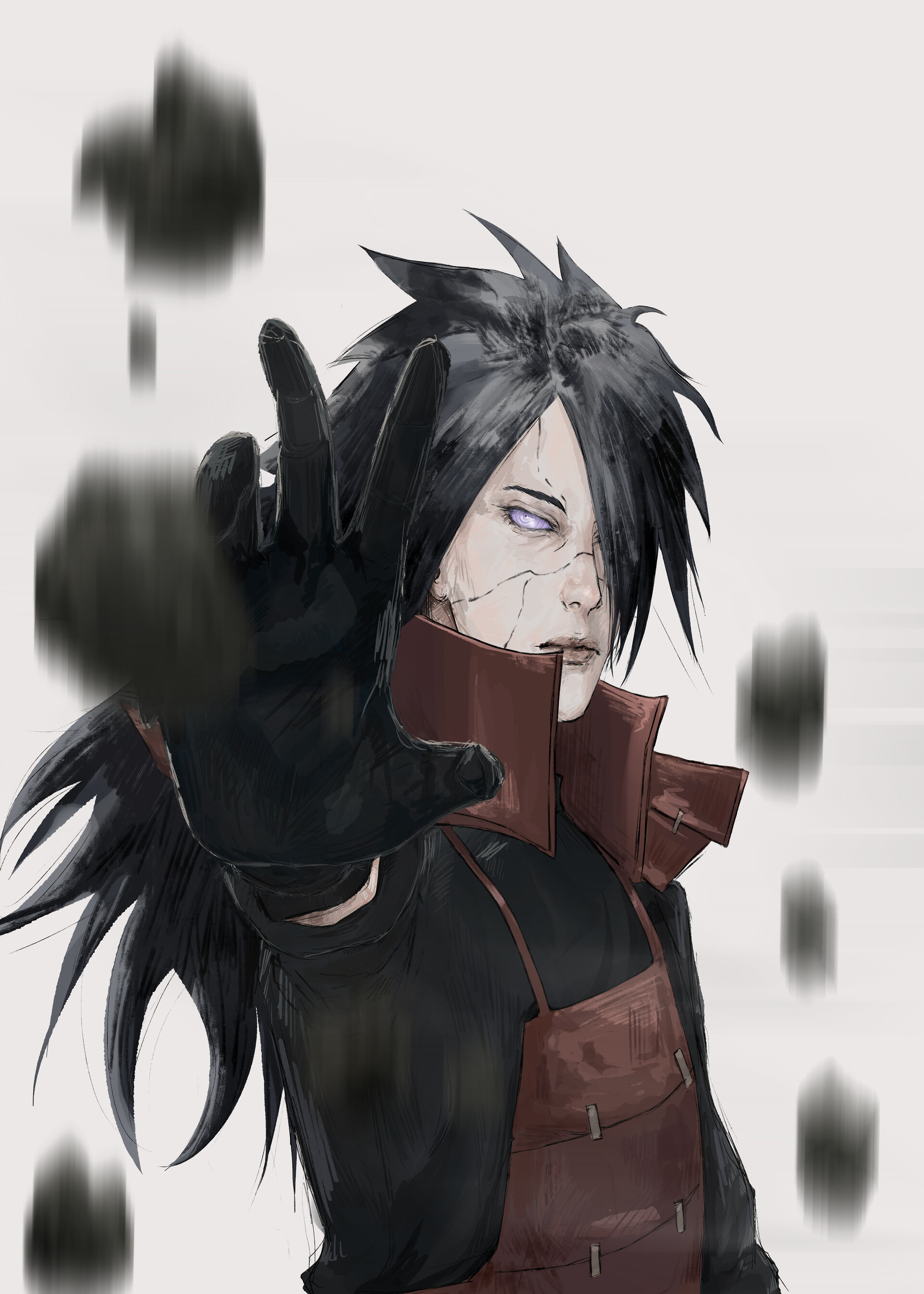 Edo Tensei Madara Uchiha, purple Rinnegan eye, floating black debris, HD Phone wallpaper