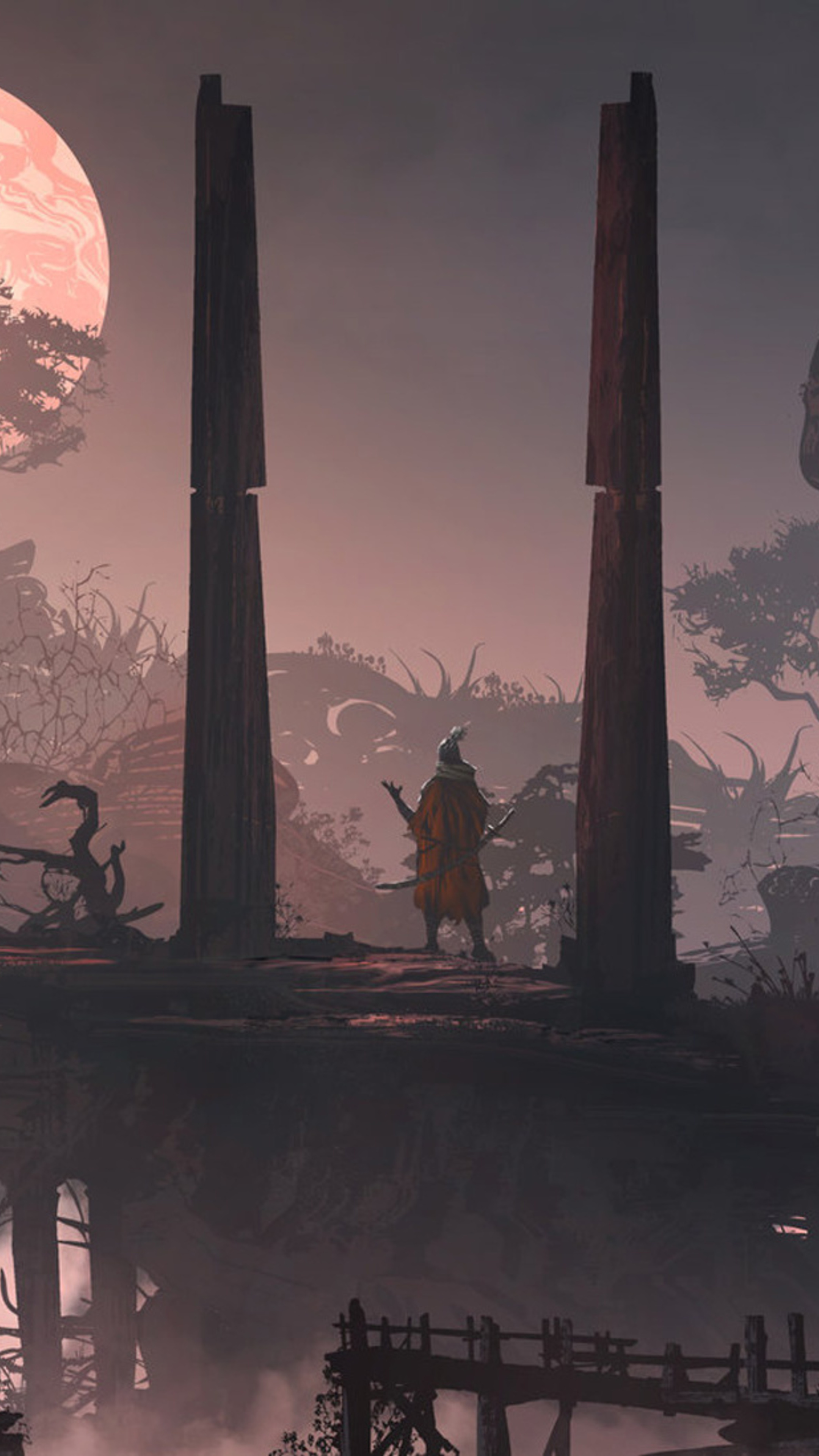 Sekiro, stone monolith pillars, large glowing moon, 4K Phone wallpaper
