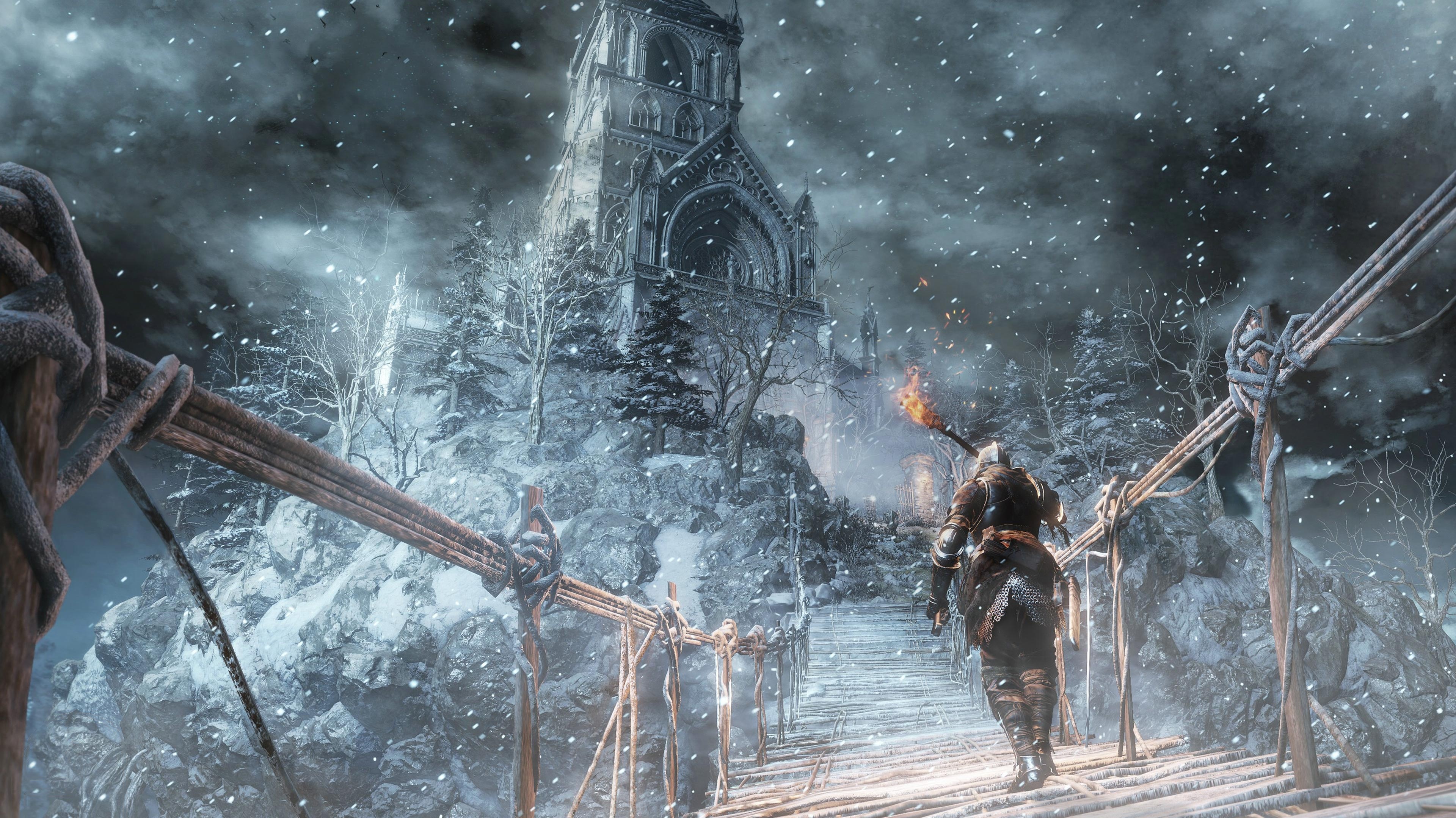 Ariandel Chapel, Ashen One holding torch, snowy rope suspension bridge, 4K Desktop wallpaper