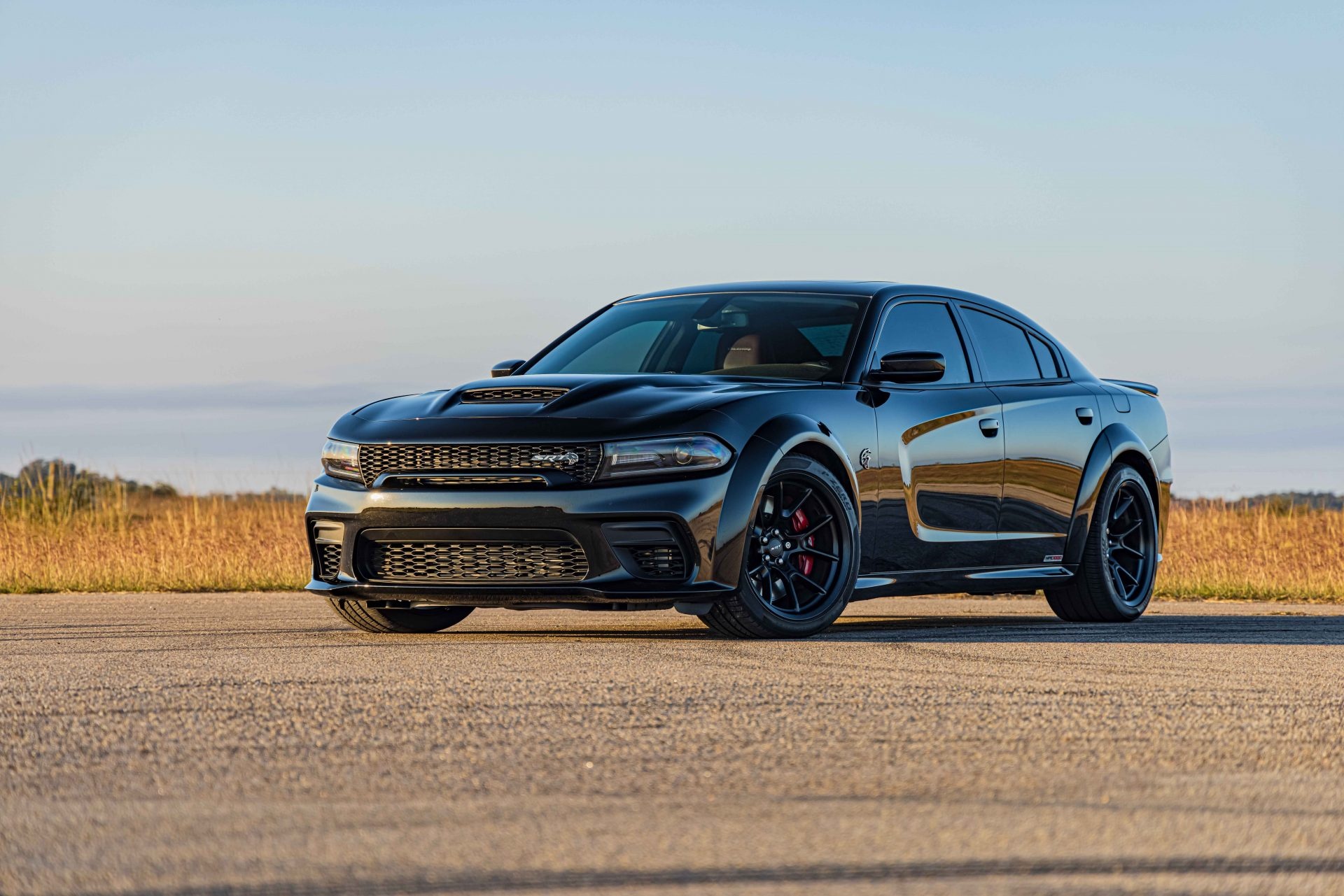 Dodge Charger SRT Hellcat Widebody, asphalt road, grassy field, HD Desktop wallpaper