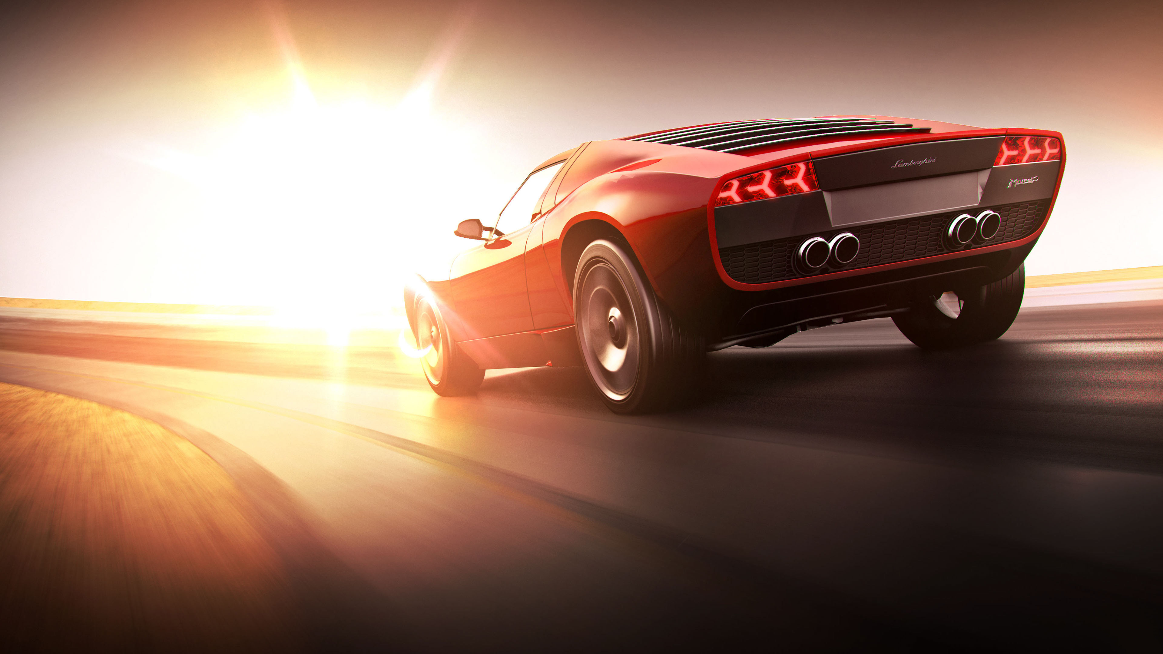Lamborghini Miura Concept, motion blur racetrack, sunset lens flare, 4K Desktop wallpaper
