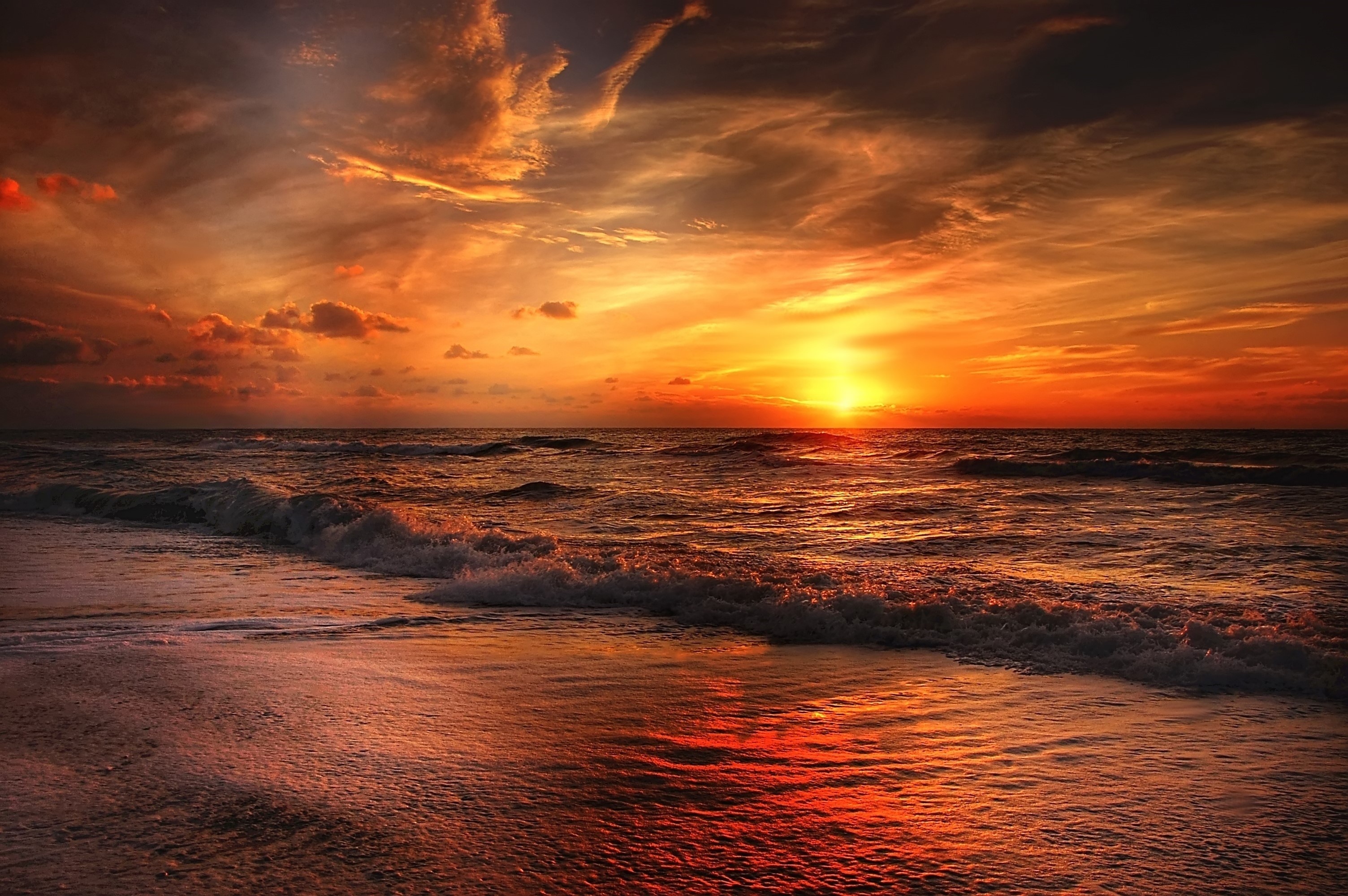 Golden ocean sunset, Breaking shoreline waves, Fiery orange cloudscape, HD Desktop wallpaper