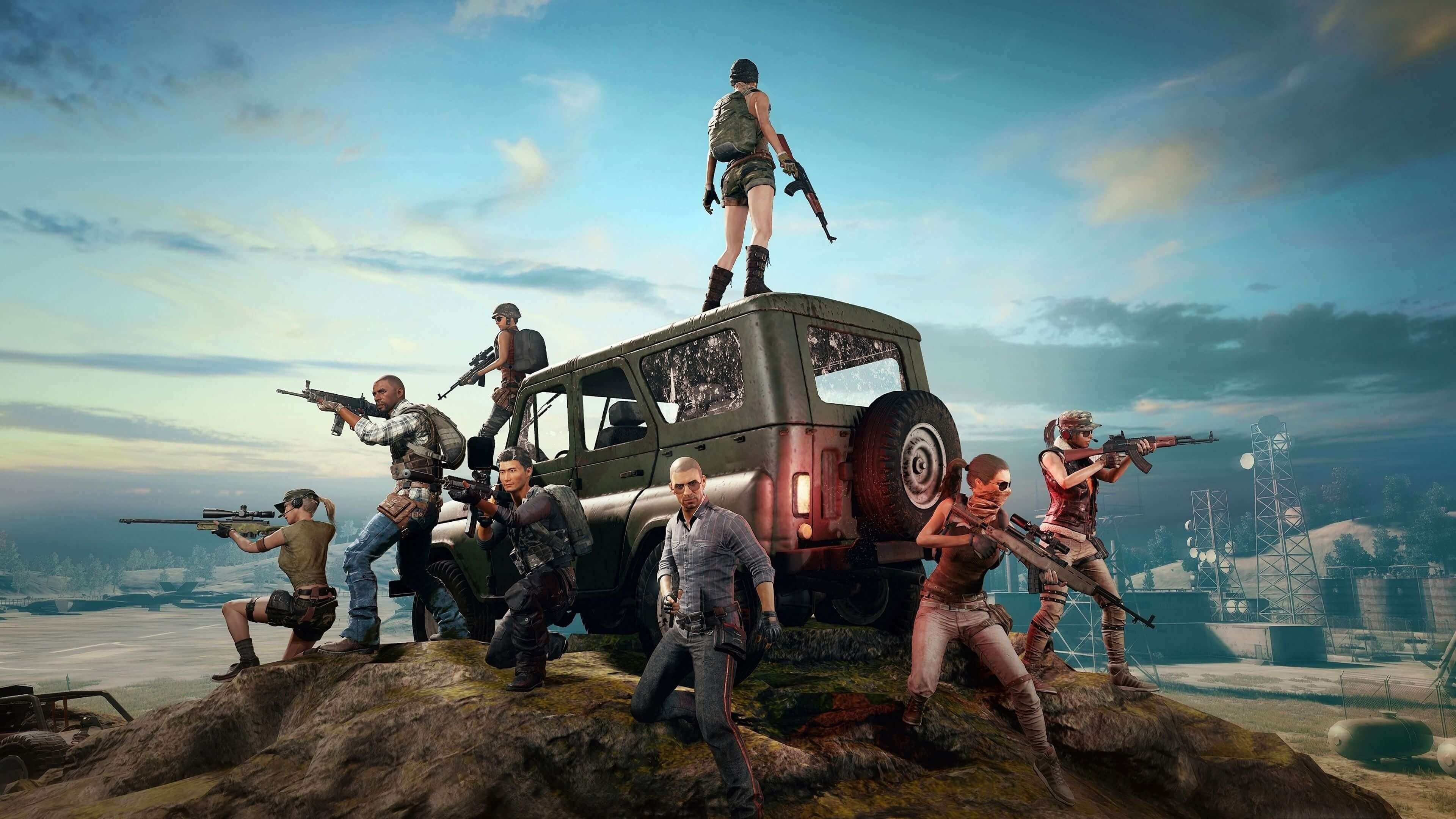 PUBG Mobile squad, PUBG UAZ vehicle, Erangel landscape, armed battle royale survivors, 4K Desktop wallpaper