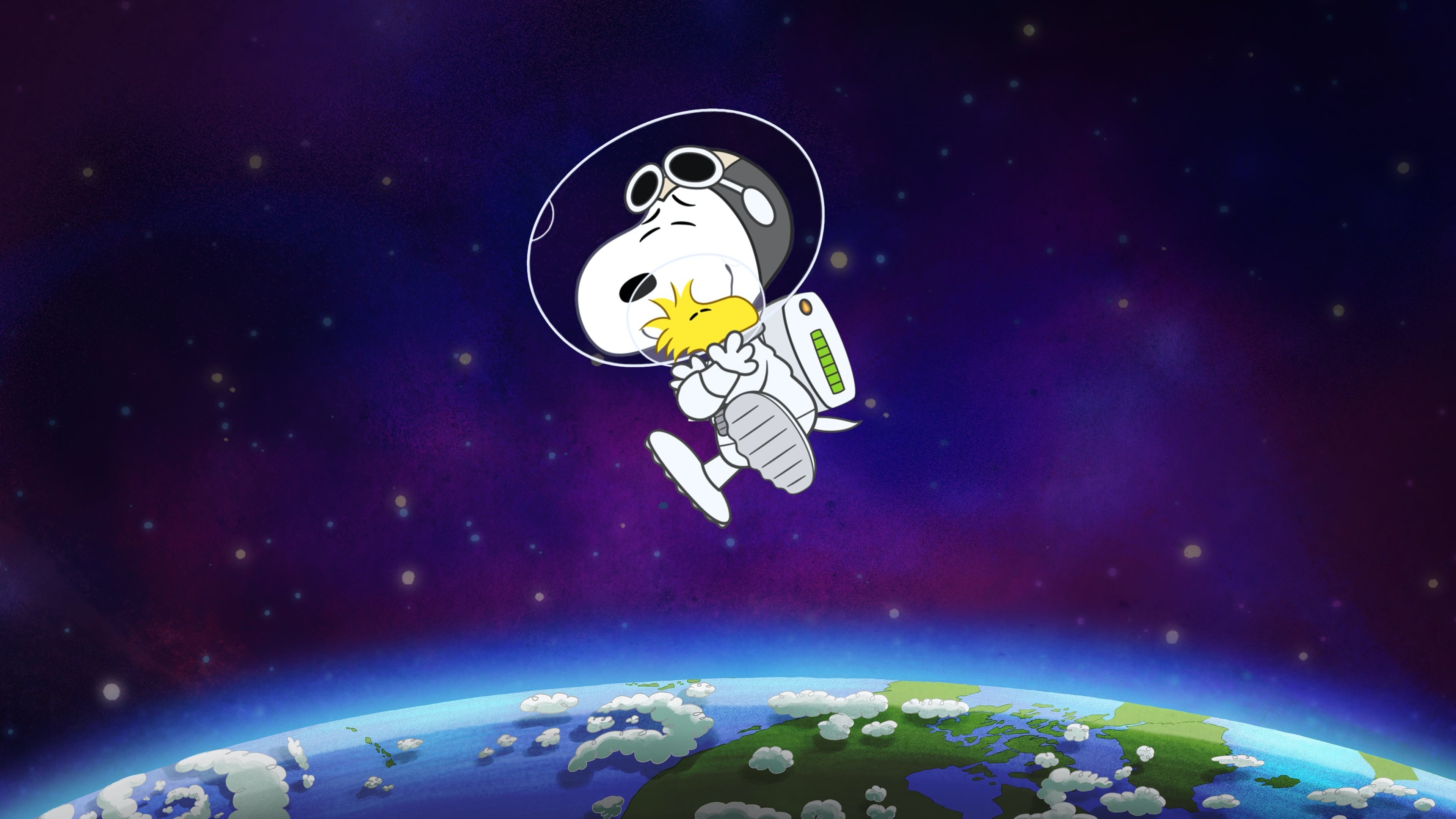 Astronaut Snoopy hugging Woodstock, Planet Earth curvature, Purple starry cosmos, 4K Desktop wallpaper