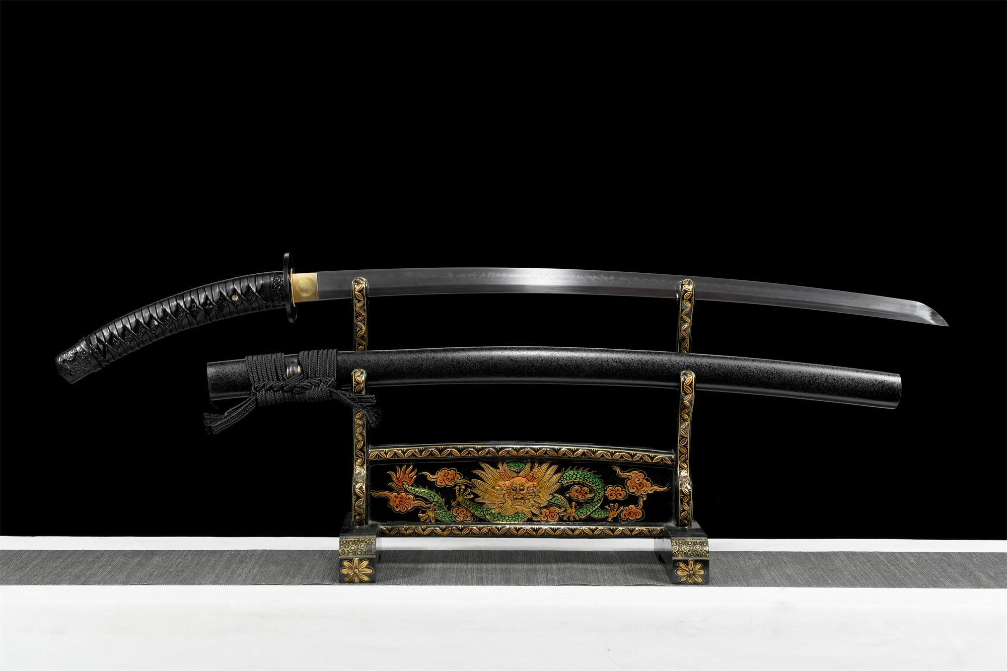 Katana samurai sword, Black lacquered saya scabbard, Ornate dragon katanakake stand, HD Desktop wallpaper