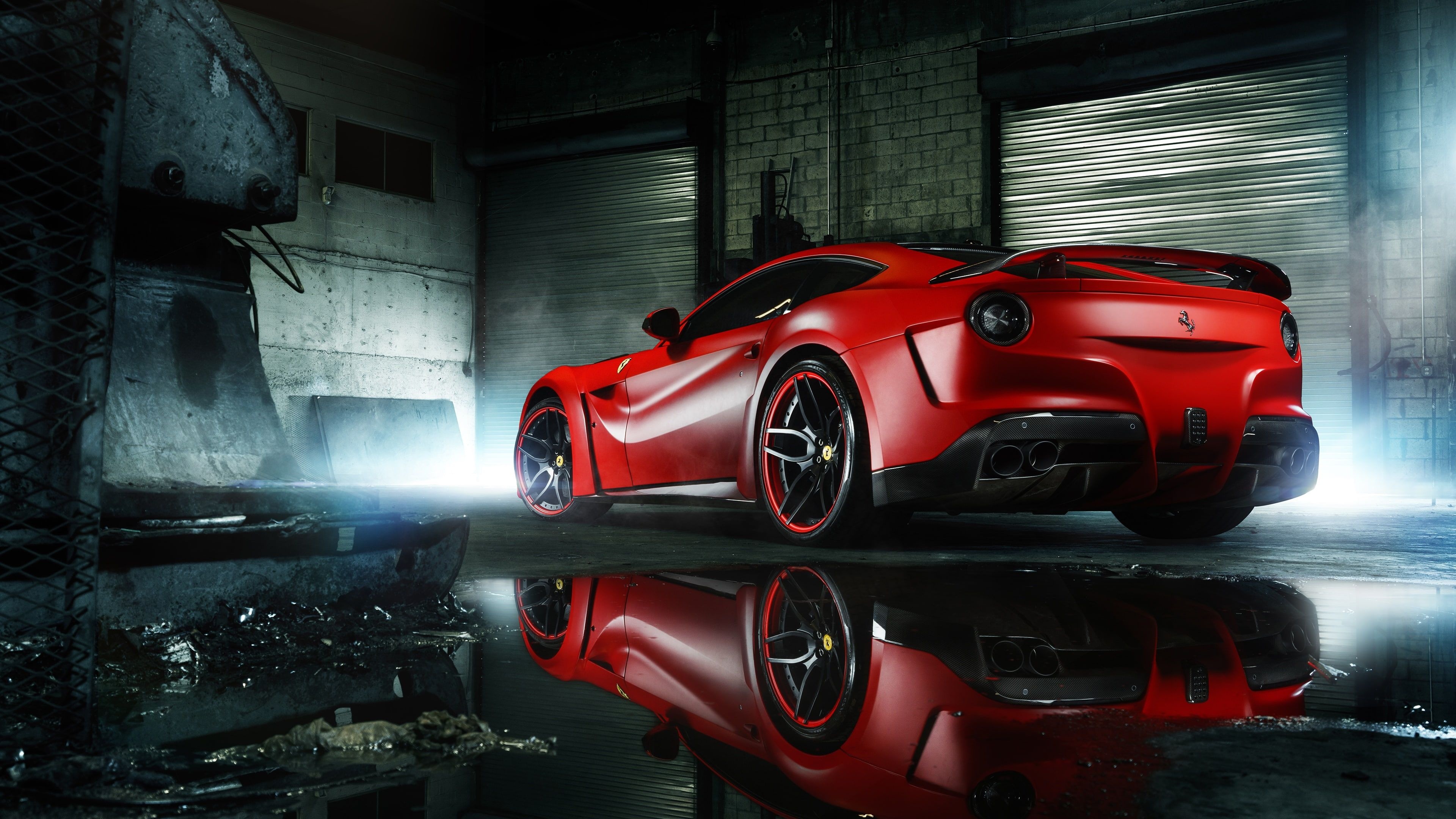 Novitec Ferrari F12 N-Largo, industrial warehouse garage, wet puddle reflection, 4K Desktop wallpaper