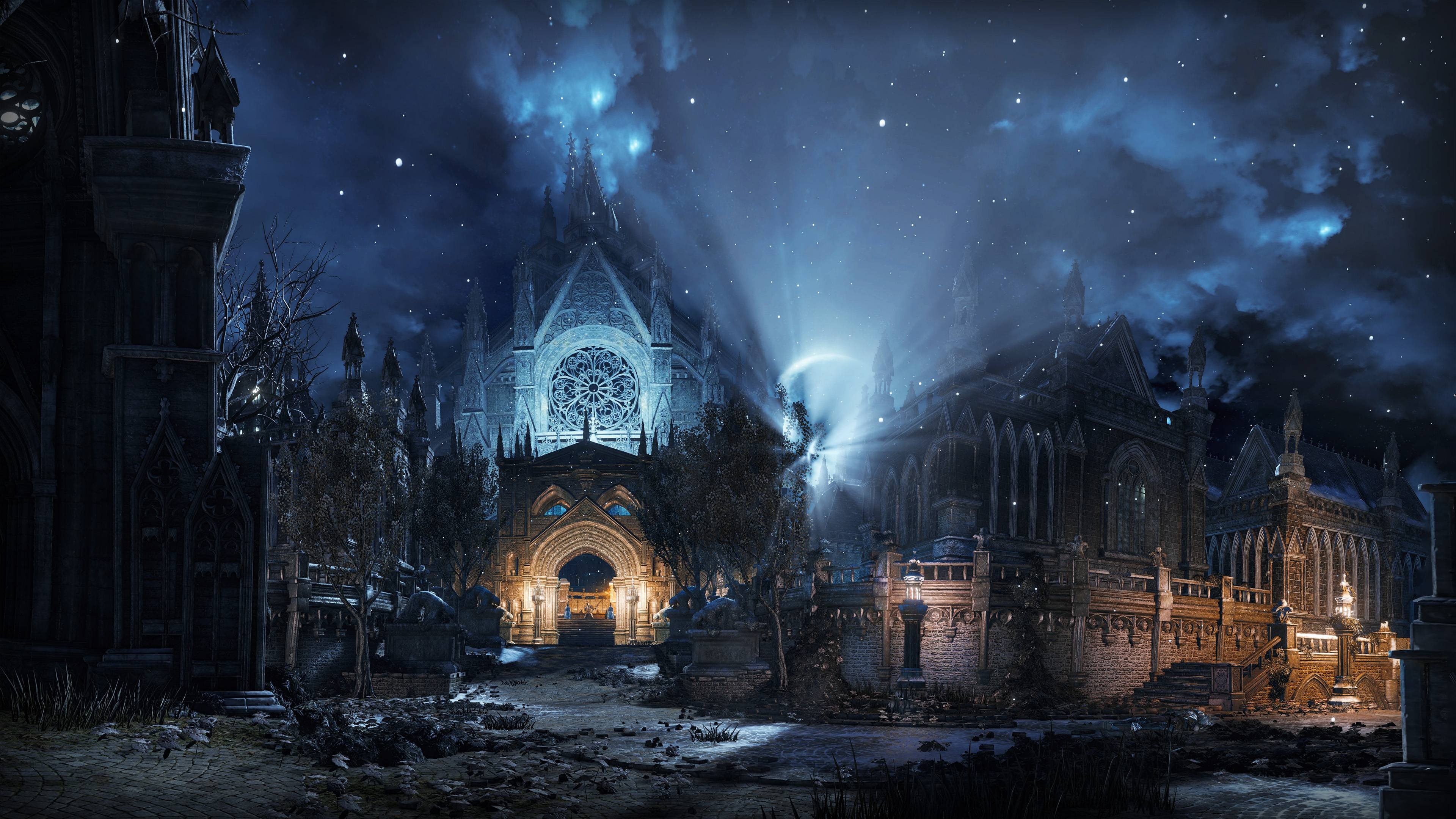 Irithyll of the Boreal Valley, Gothic cathedral facade, glowing crescent moon, 4K Desktop wallpaper