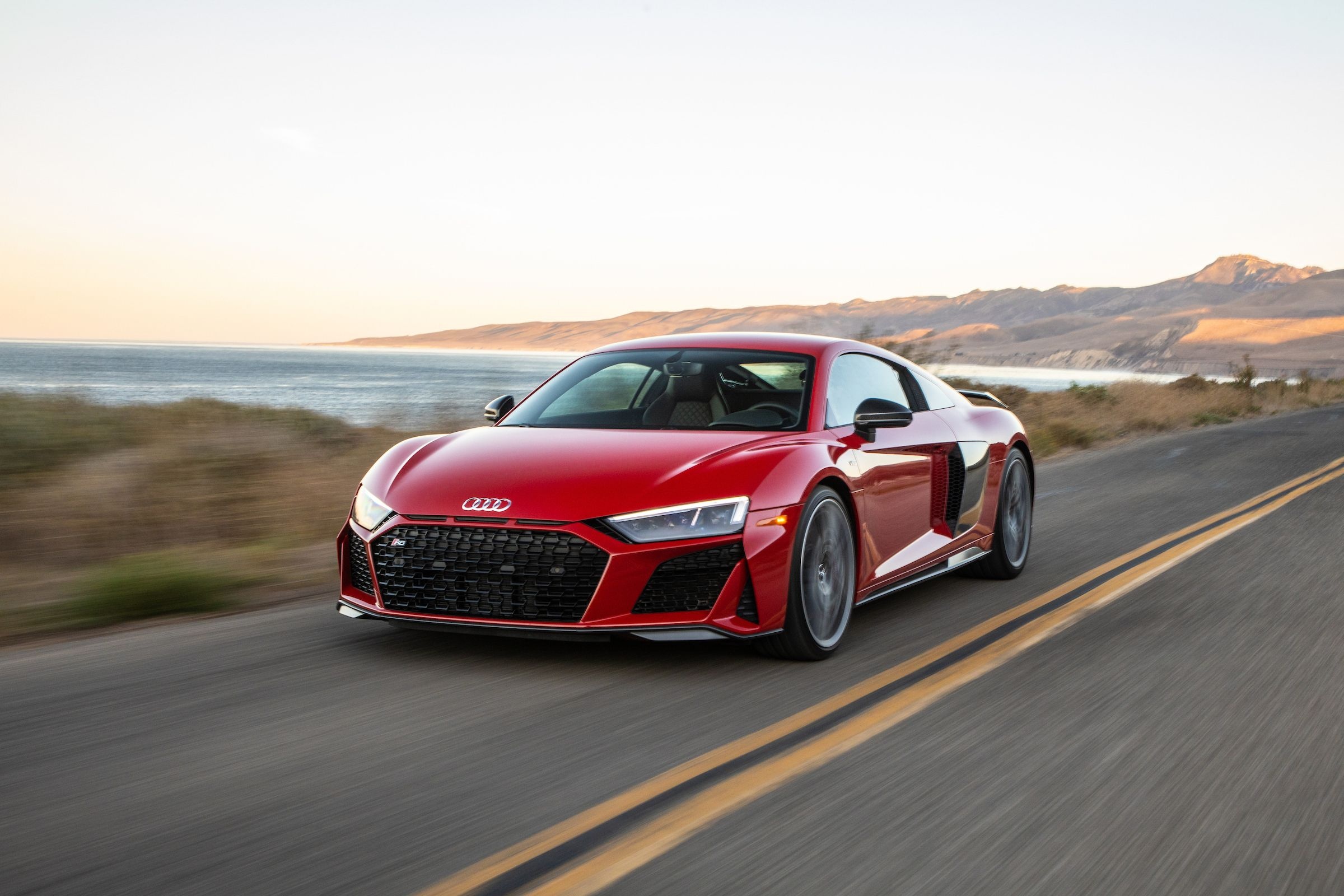 Audi R8 V10 Coupe, coastal highway, ocean hills landscape, HD Desktop wallpaper