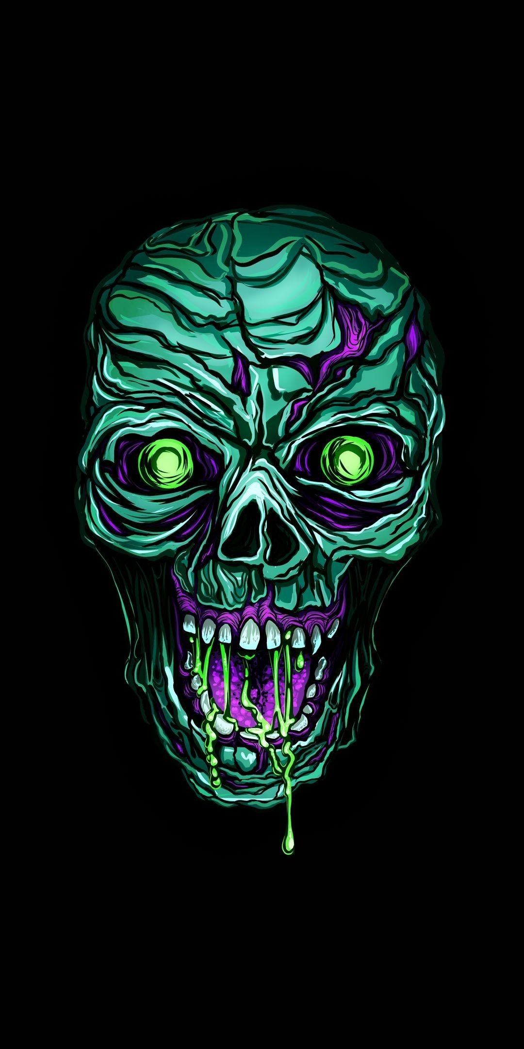 Green zombie skull, Glowing lime eye sockets, Purple dripping jaw, HD Phone wallpaper