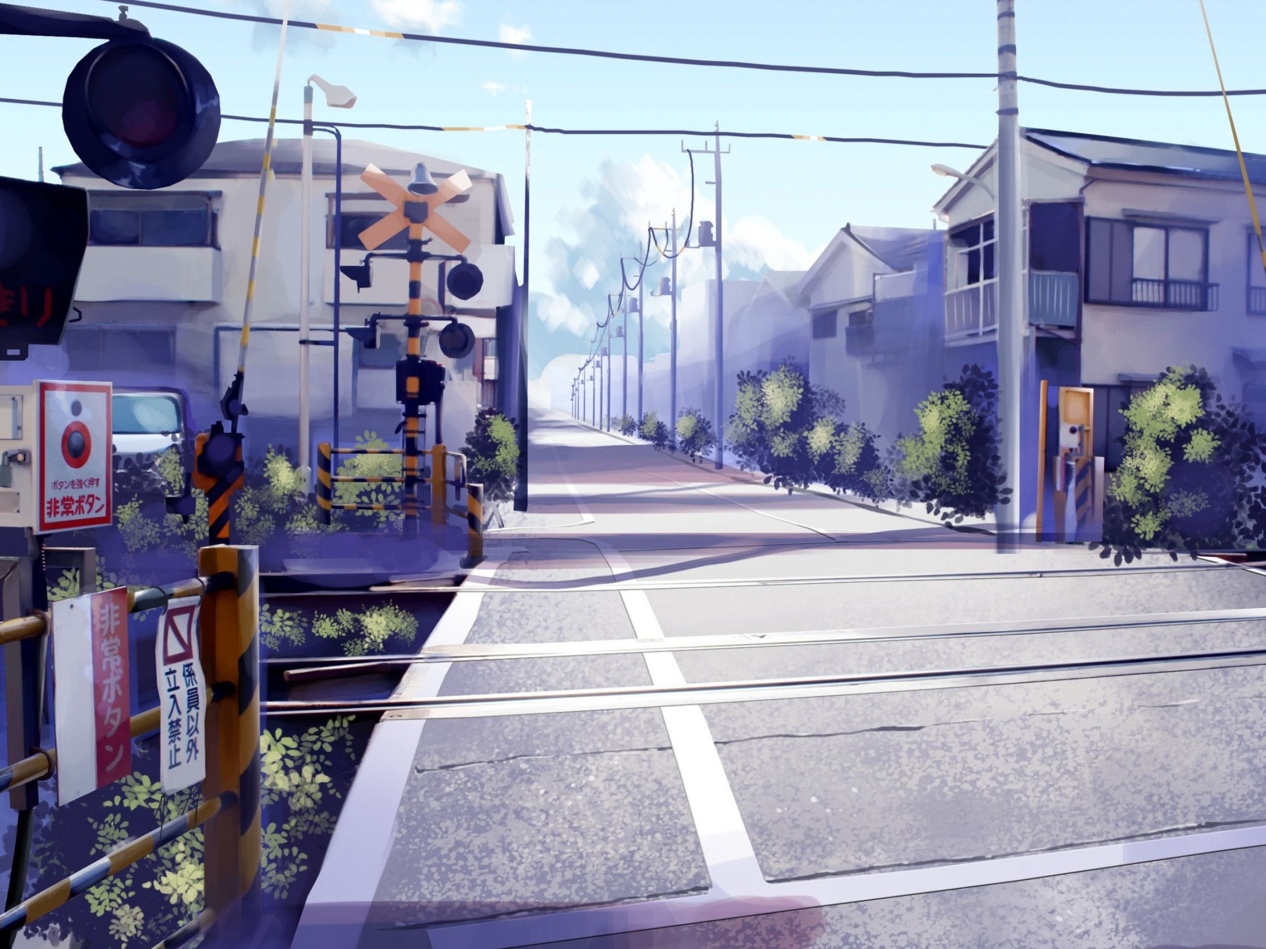 Japanese railroad crossing, suburban residential street, overhead utility poles, HD Desktop wallpaper