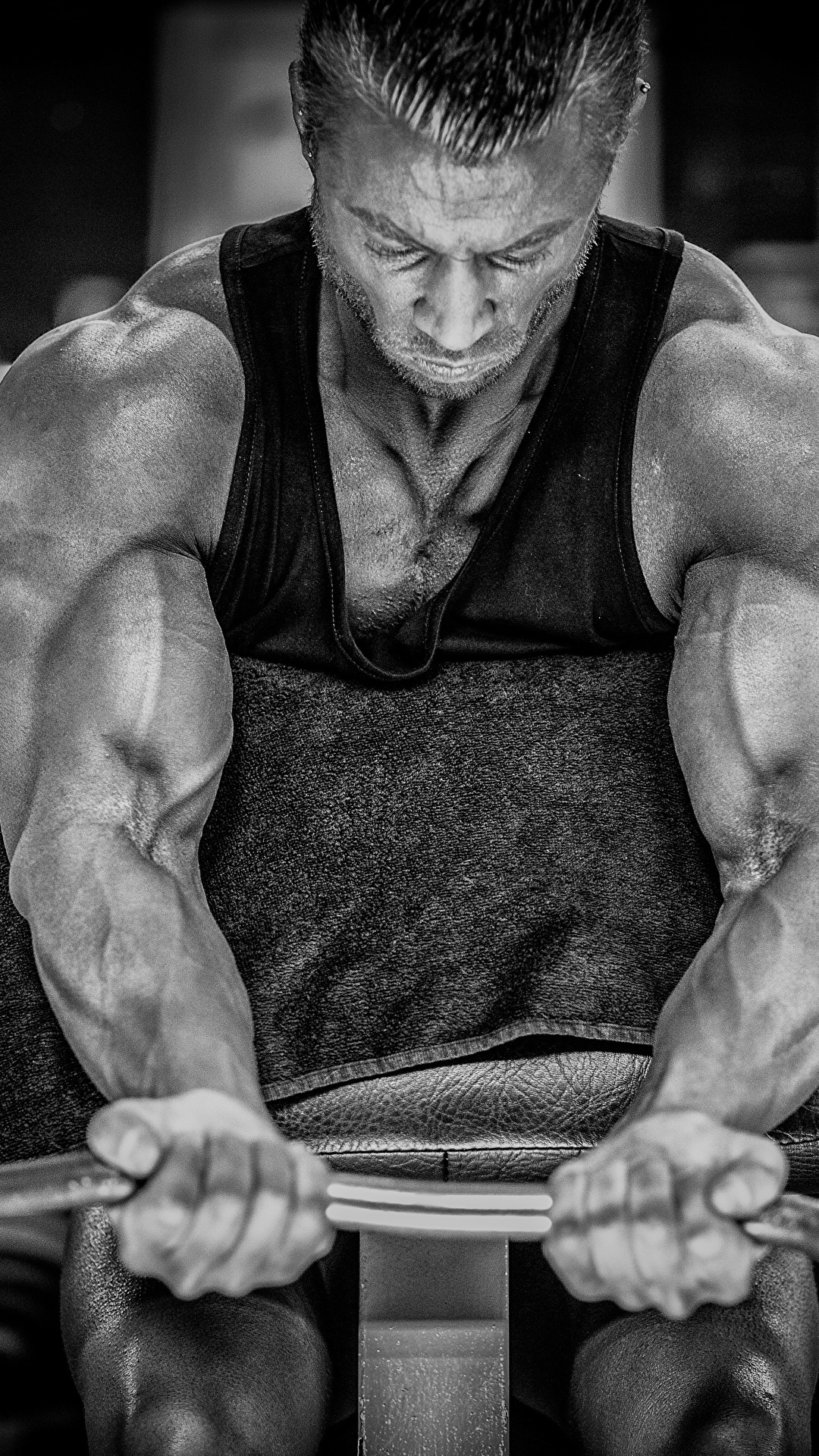 Muscular male bodybuilder, Preacher curl bench, EZ curl barbell, Full HD Phone wallpaper