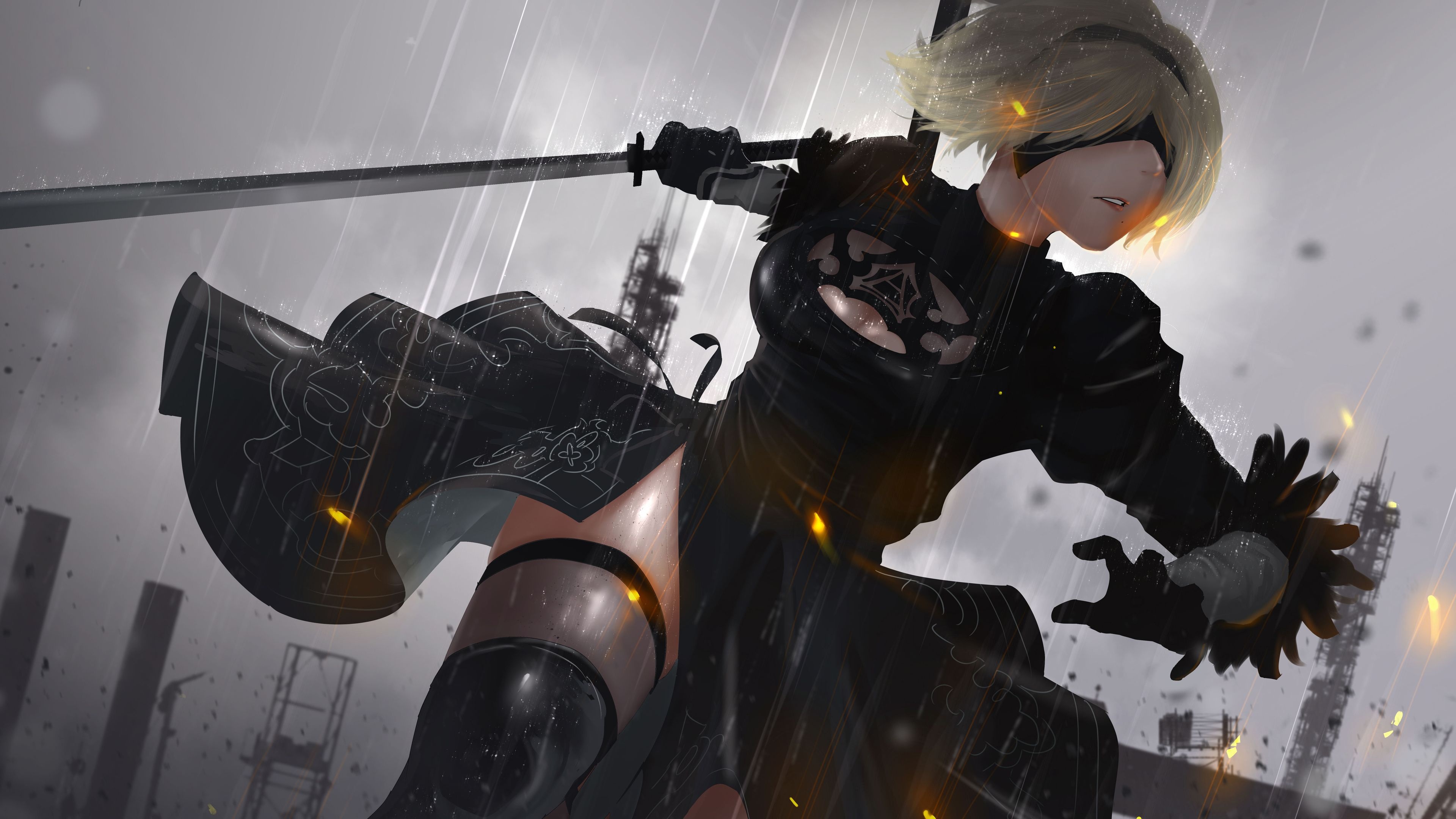 YoRHa No.2 Type B, Virtuous Contract katana, NieR Automata ruined city, 4K Desktop wallpaper