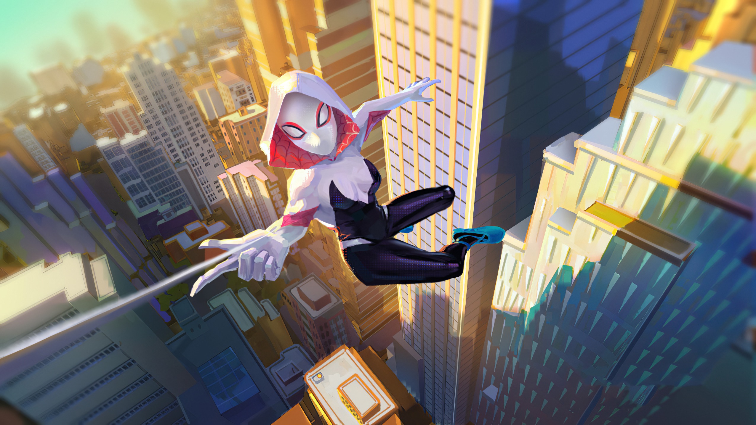 Into the Spider-Verse, Ghost-Spider suit, Spider-Gwen (Gwen Stacy), Web swinging mid-air, Sunlit city skyscrapers, HD Desktop wallpaper