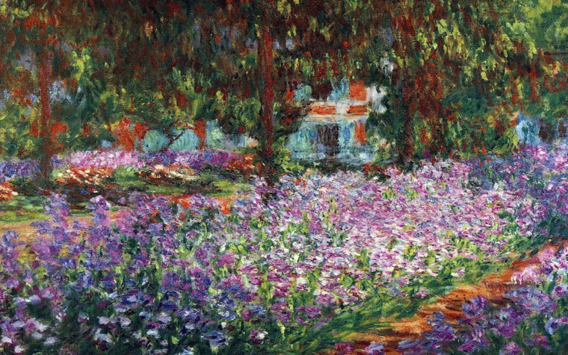 The Artist's Garden at Giverny, purple irises, Monet's house at Giverny, HD Desktop wallpaper