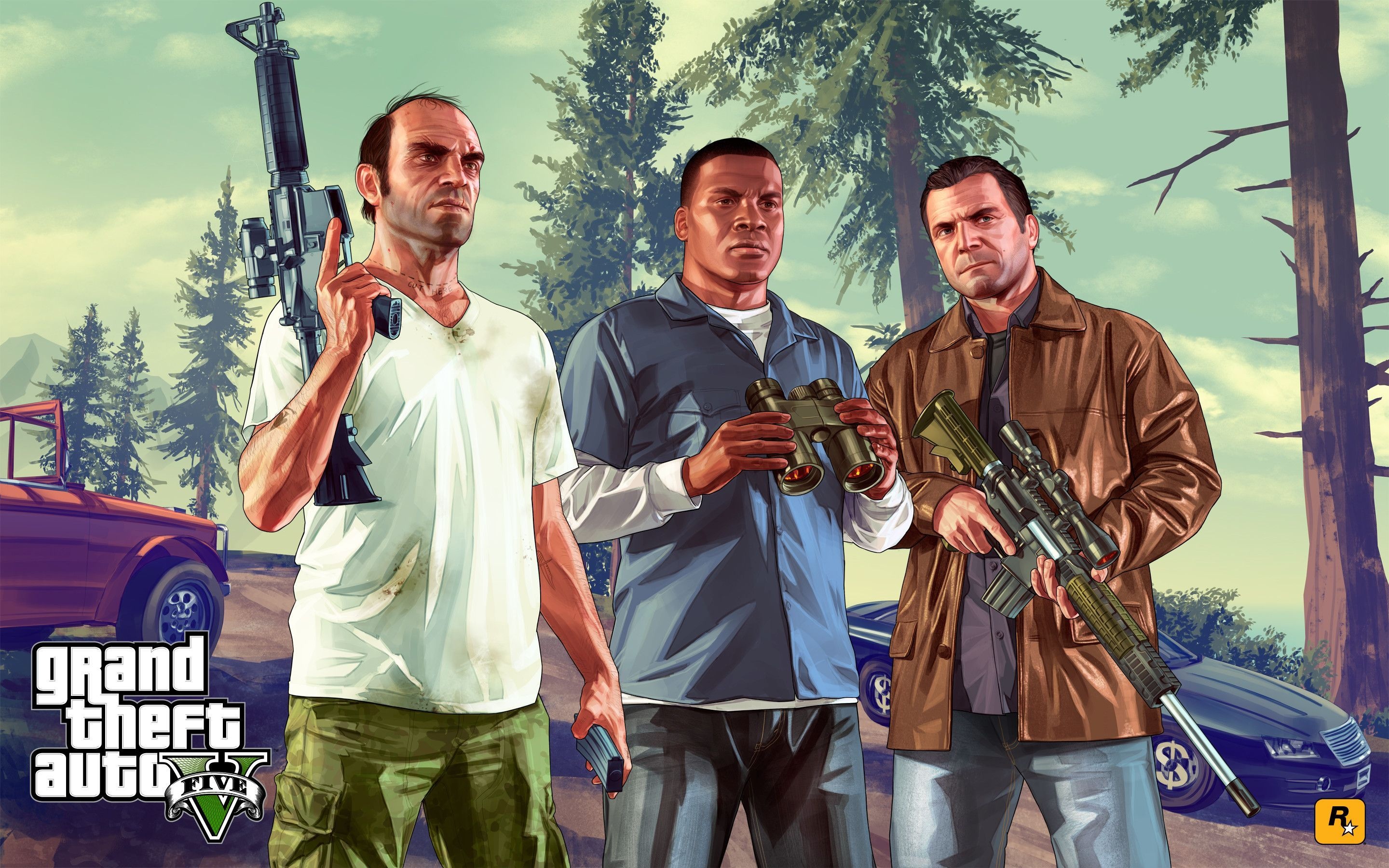 Michael De Santa with sniper rifle, Trevor Philips in white t-shirt, Franklin Clinton with binoculars, Pine forest hillside, Grand Theft Auto V logo, HD Desktop wallpaper