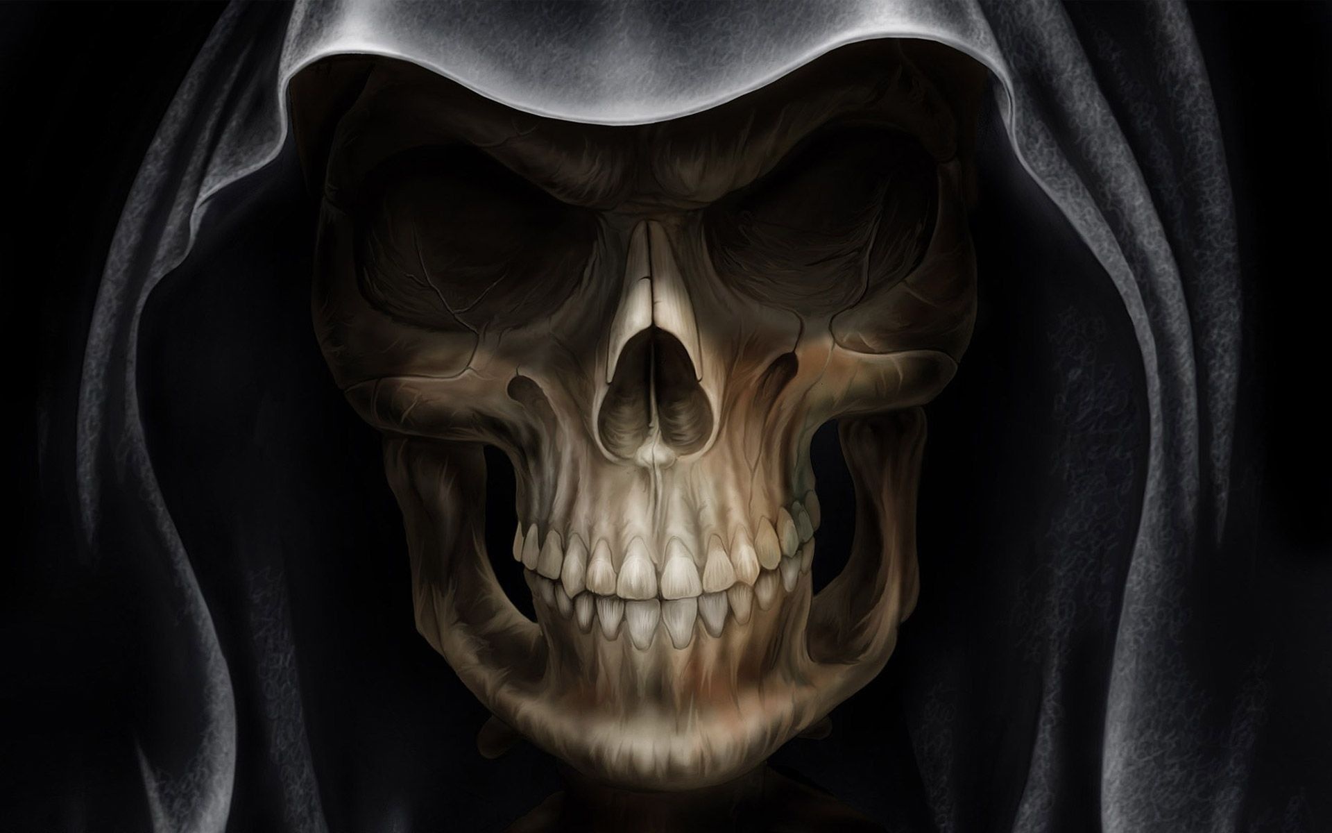Grim Reaper hooded skull, Black cowl in shadow, Airbrushed bone shading, HD Desktop wallpaper
