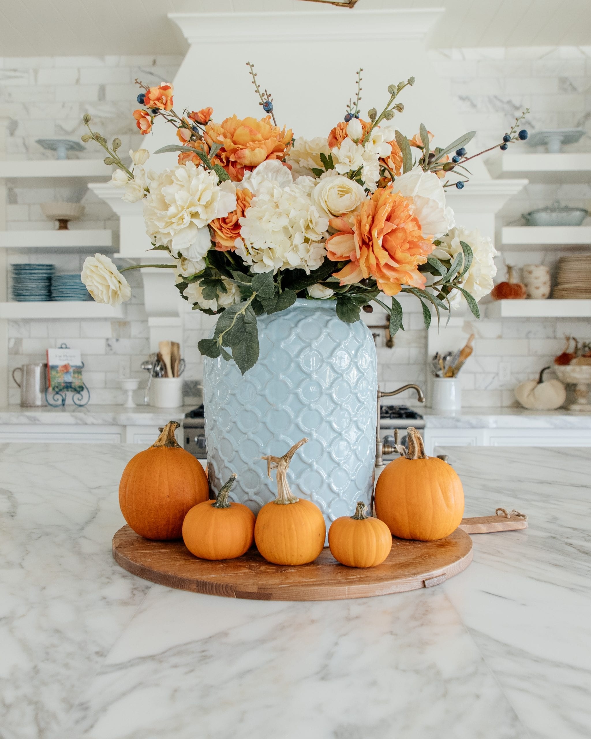 Fall floral arrangement, Light blue ceramic vase, Mini orange pumpkins, HD Phone wallpaper