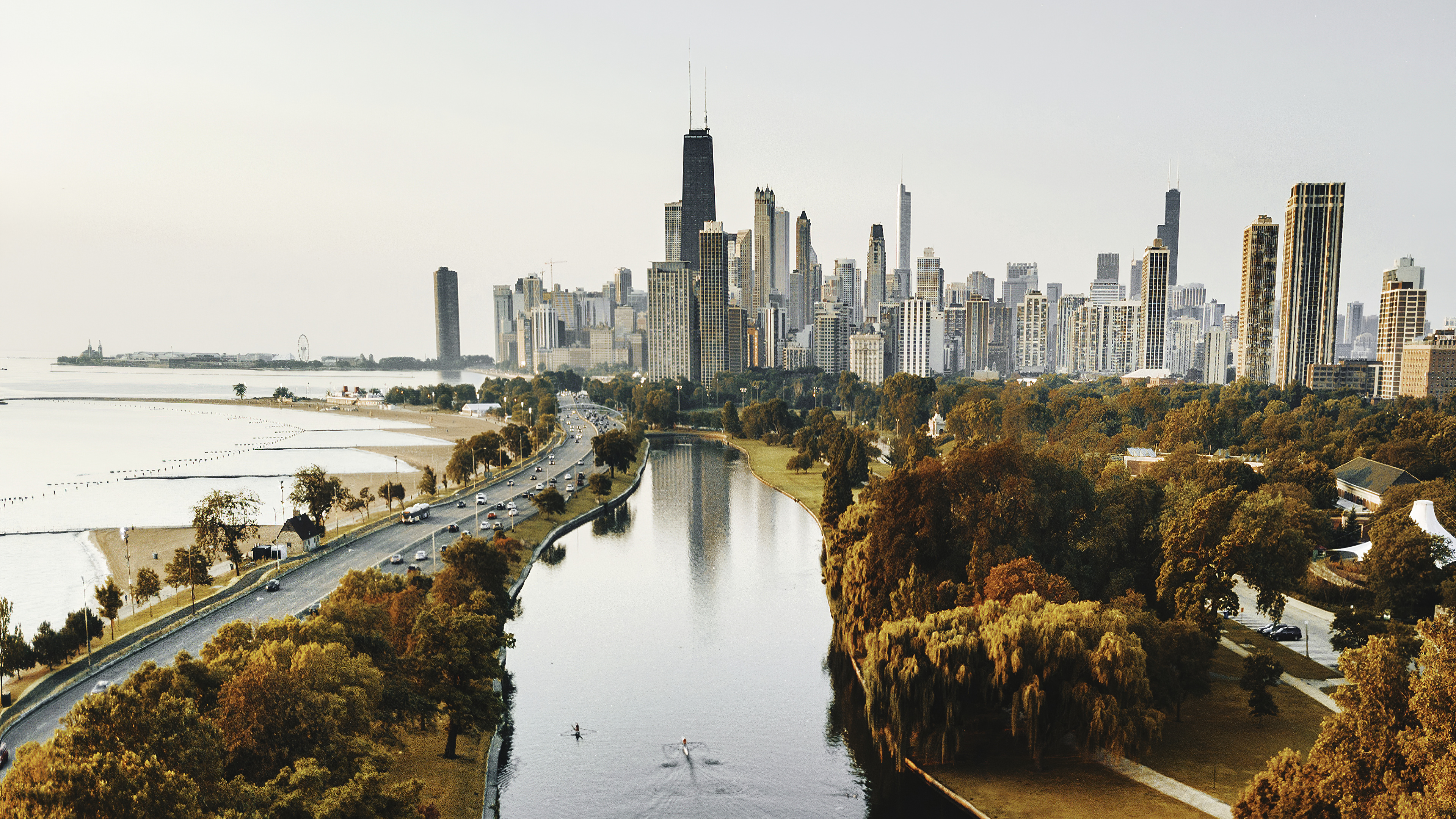 Chicago fall park, River view, Autumn scenery, Nature's beauty, 3840x2160 4K Desktop