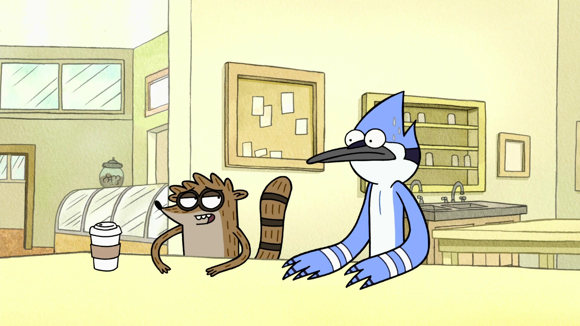 Mordecai at coffee shop counter, Rigby leaning on counter, Takeaway coffee cup, Regular Show, Full HD Desktop wallpaper