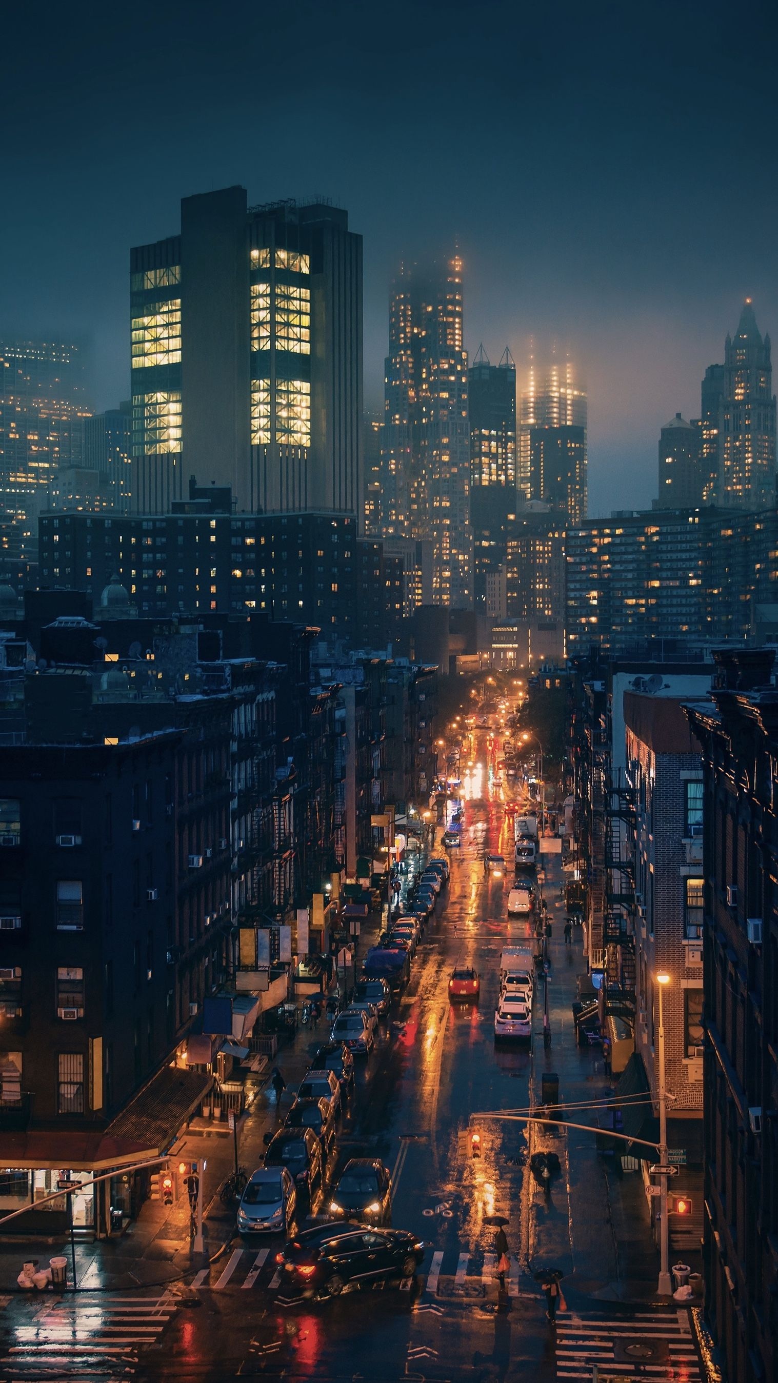 375 Pearl Street, wet Manhattan street, tenement fire escapes, HD Phone wallpaper