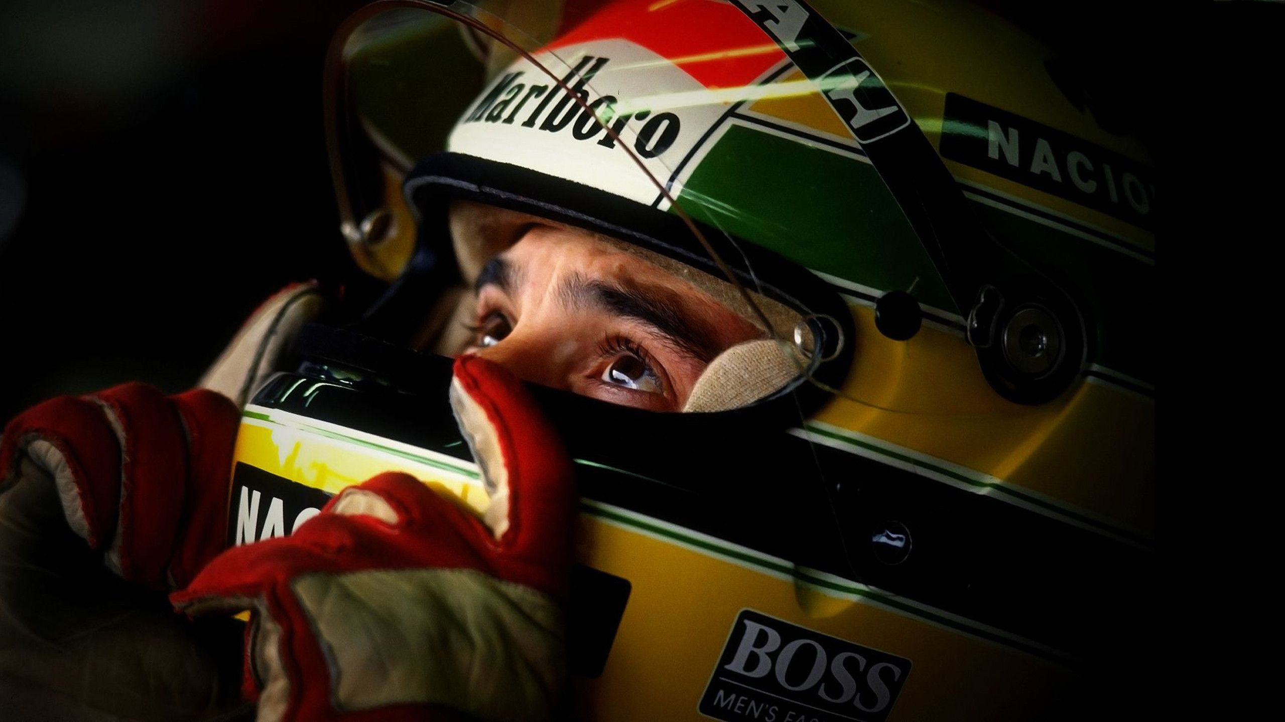 Ayrton Senna racing helmet, Ayrton Senna focused eyes, Red Nomex racing gloves, HD Desktop wallpaper