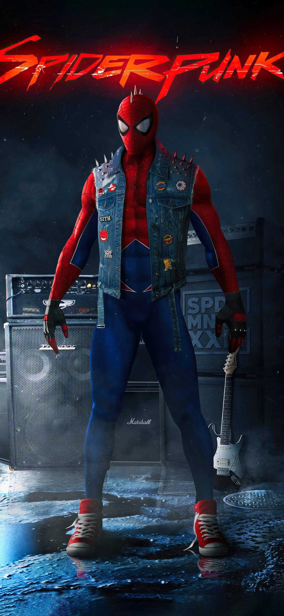 Marvel's Spider-Man, Spider-Punk (Hobie Brown), Spider-Man, Spiked denim vest, Wet reflective ground, Stacked speaker amplifiers, HD Phone wallpaper