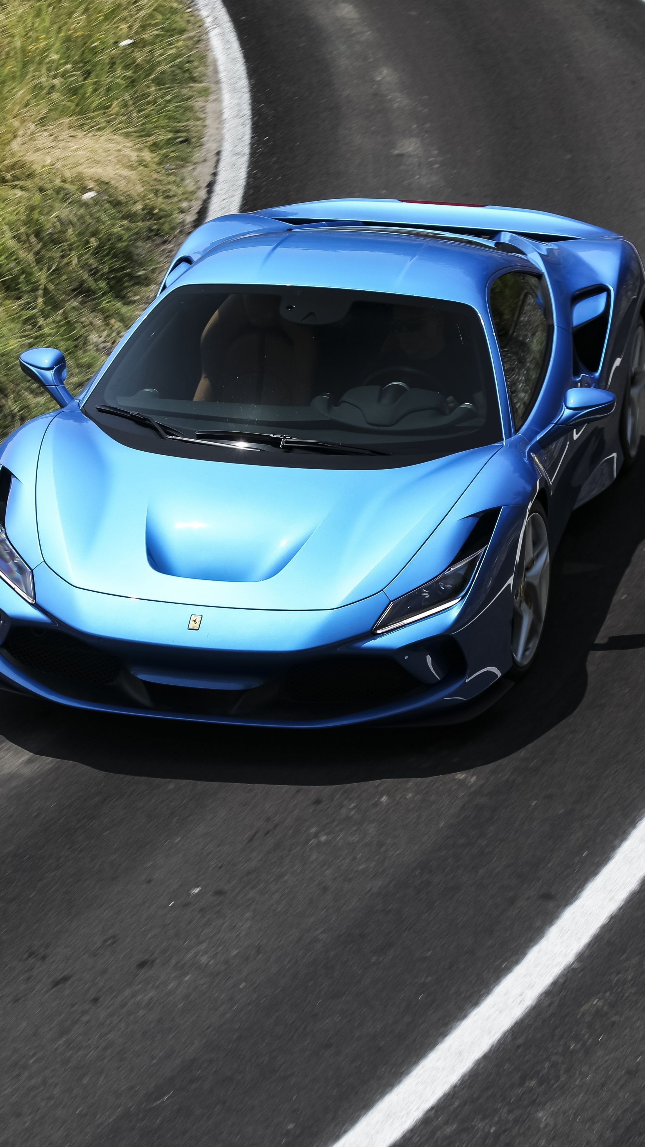 Ferrari F8 Tributo, curved asphalt road, light blue sports car, 4K Phone wallpaper