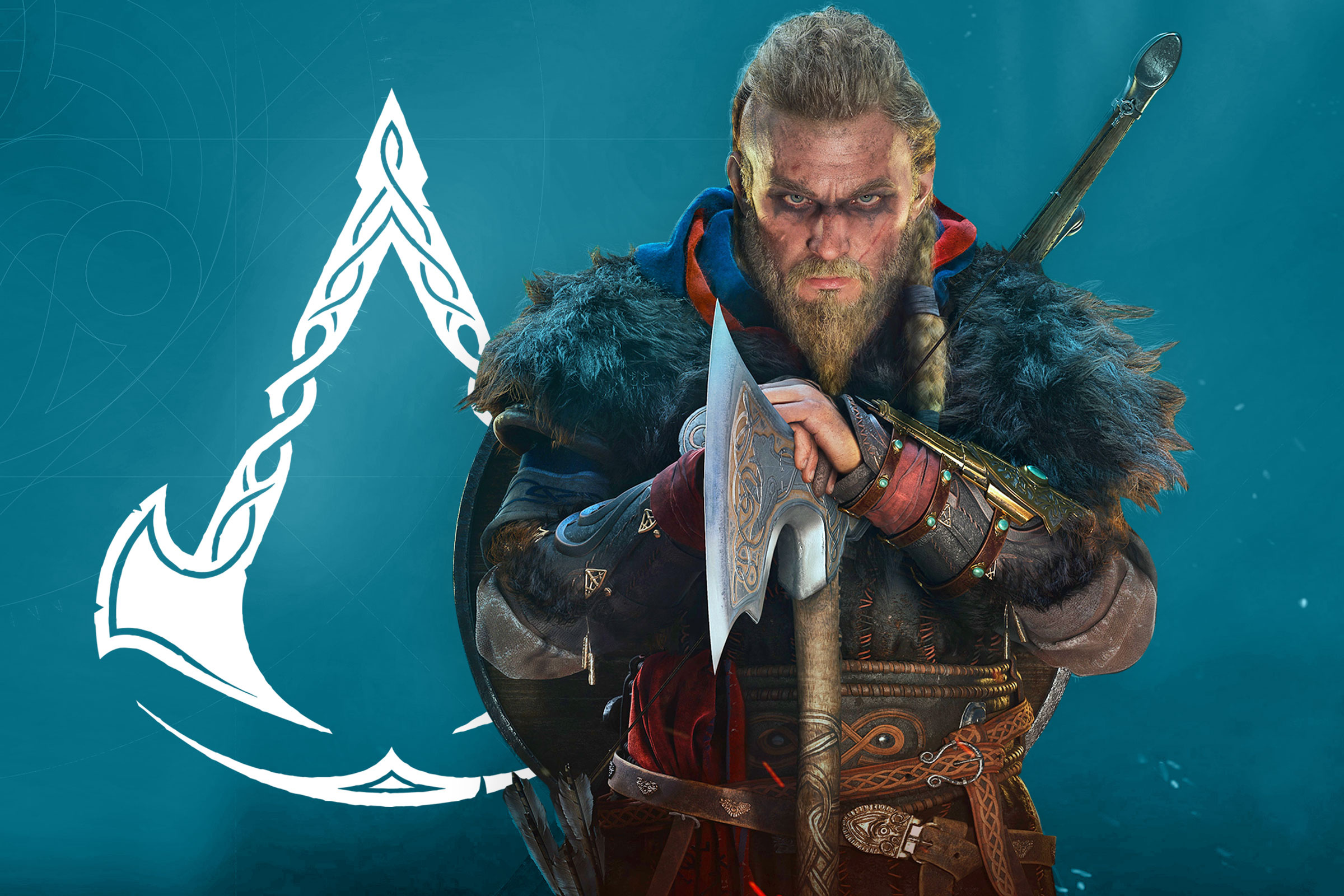 Male Eivor, Assassin's Creed Valhalla emblem, Engraved Viking battleaxe, HD Desktop wallpaper