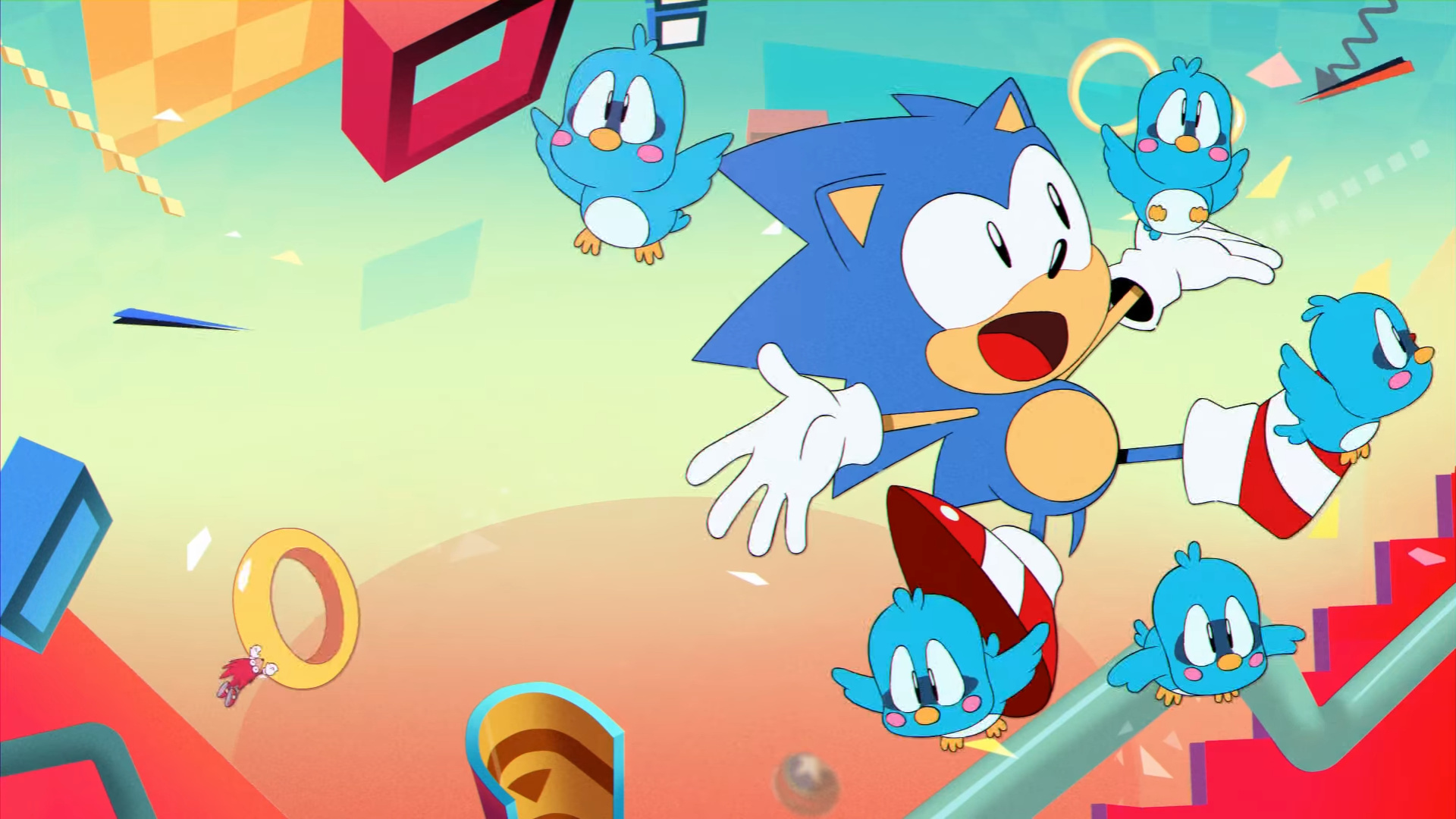 Sonic the Hedgehog mid-jump, Blue Flicky birds, Golden ring, Pastel geometric level backdrop, Full HD Desktop wallpaper