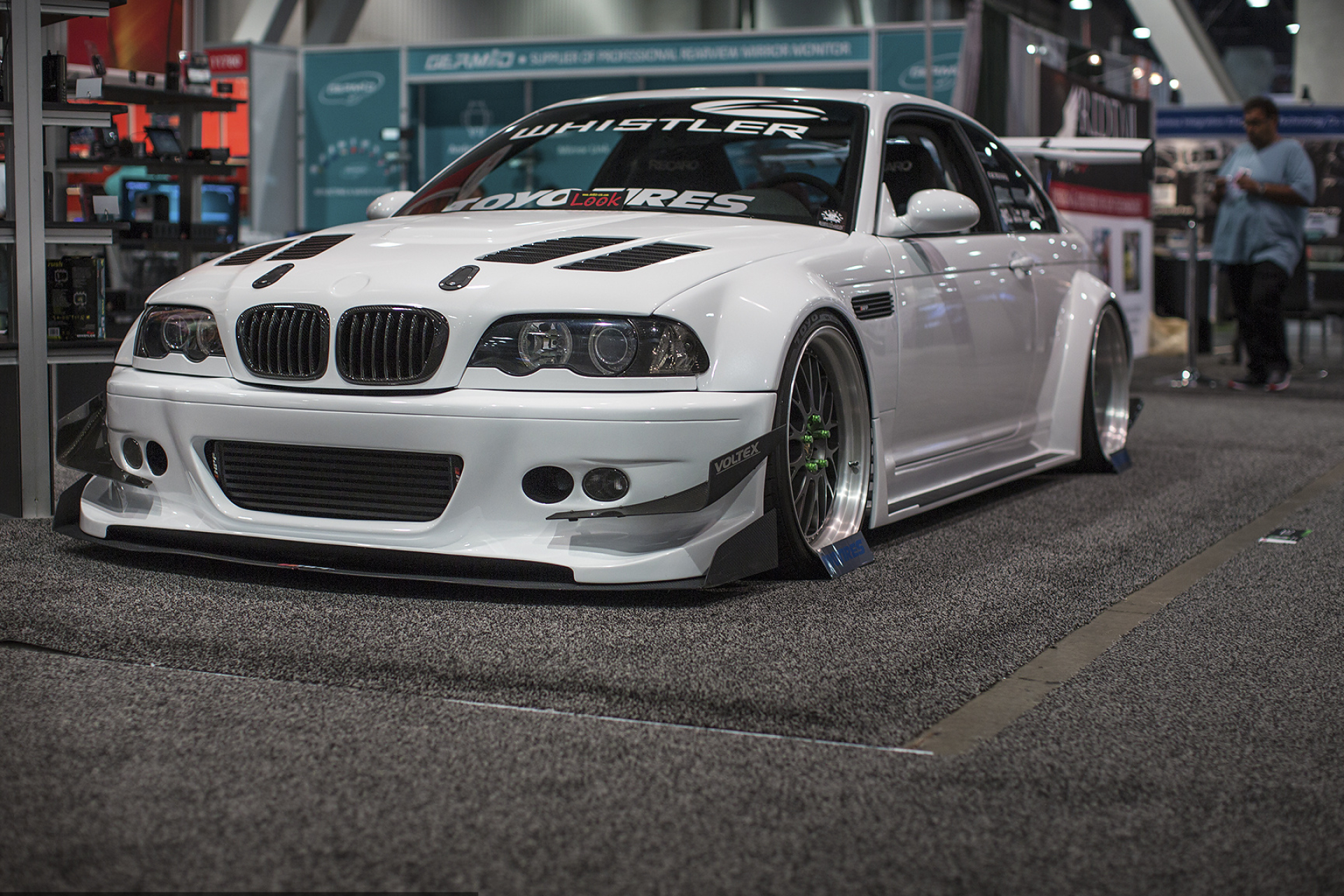 BMW M3 E46, Whistler Toyo Tires banner, widebody sports coupe, HD Desktop wallpaper