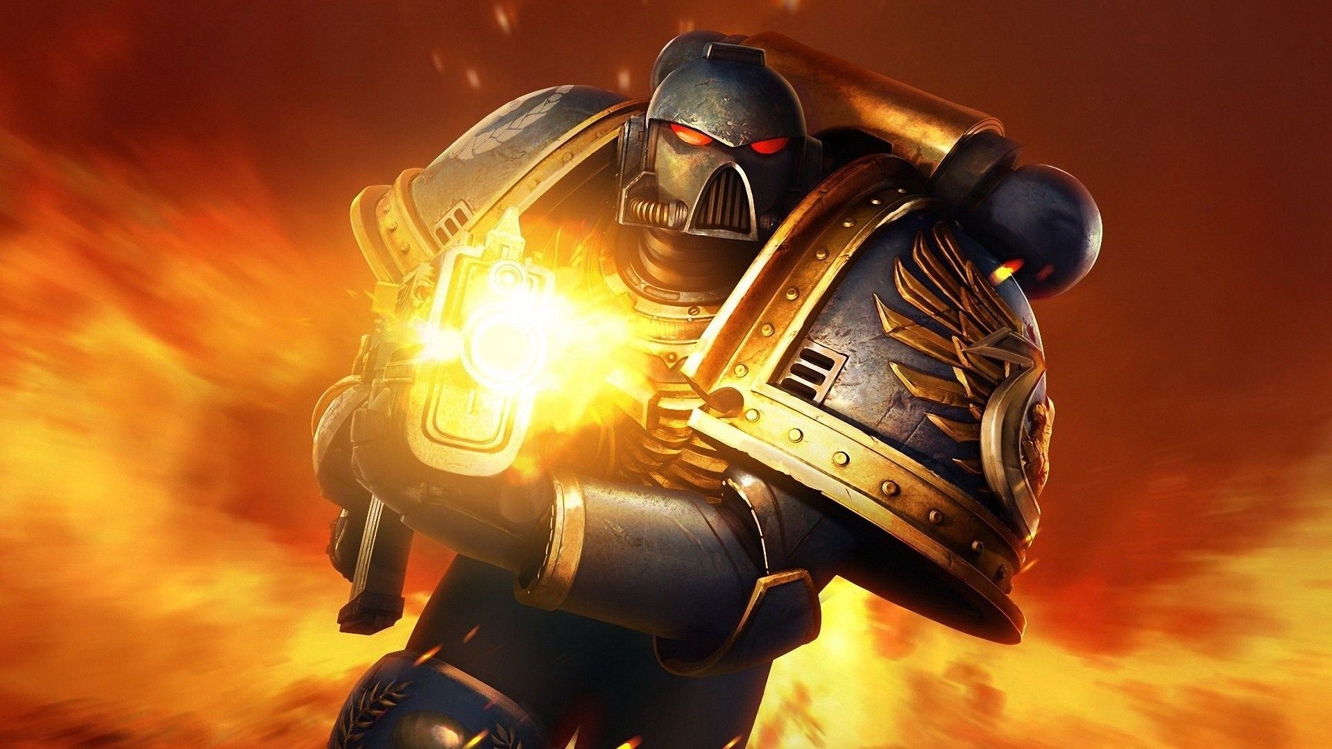 Ultramarine Space Marine, Firing Bolter weapon, Fiery battlefield explosion, Full HD Desktop wallpaper