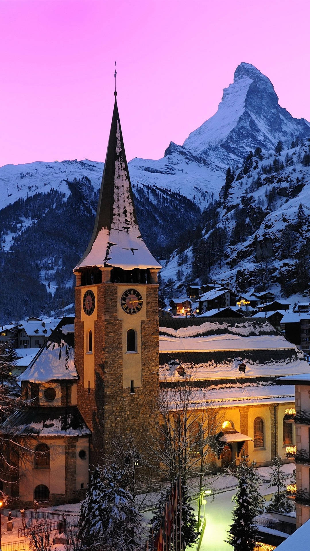 Matterhorn mountain, St. Mauritius Church Zermatt, Pink winter twilight, Full HD Phone wallpaper