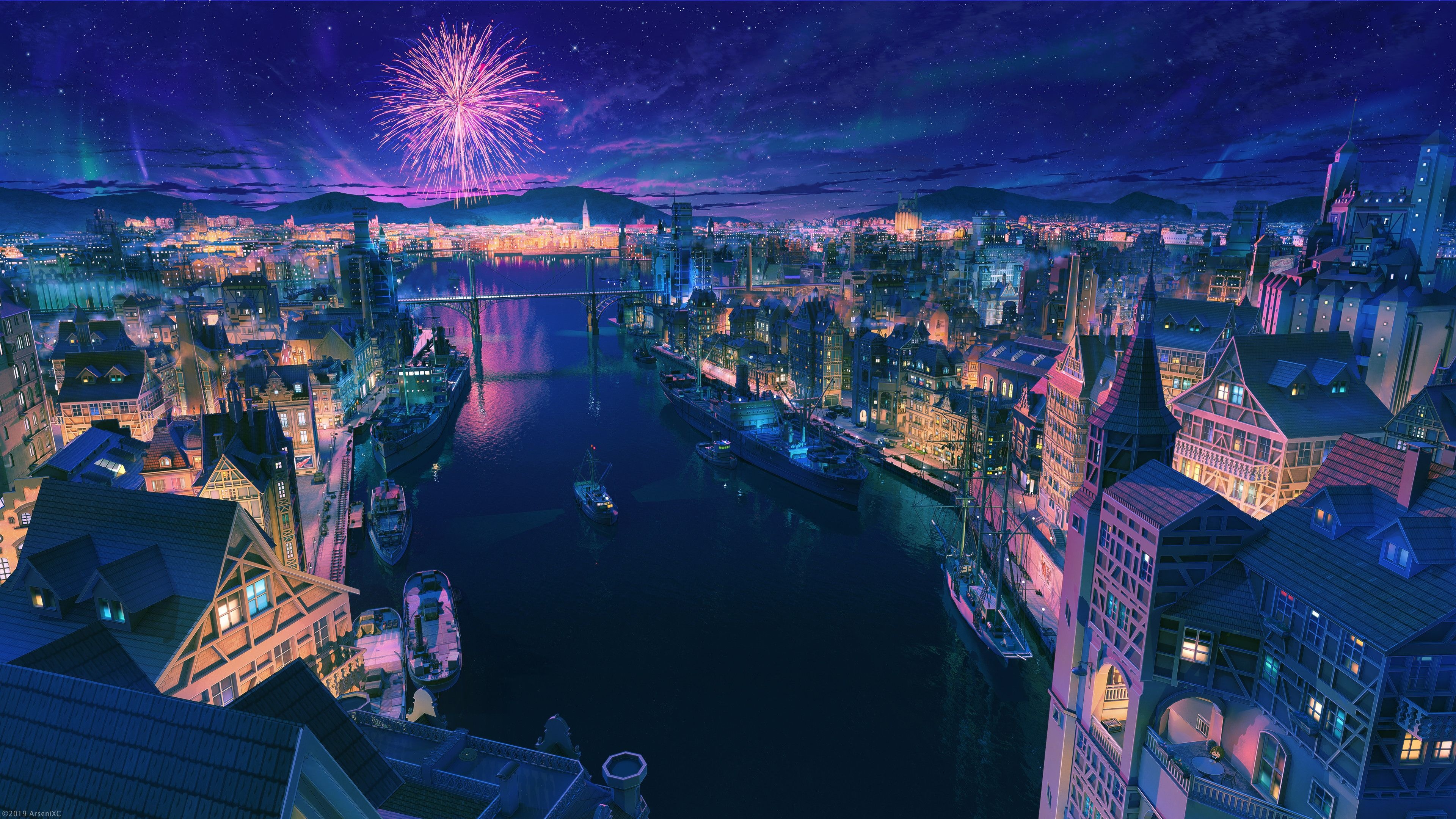 ArseniXC, illuminated harbor port, night sky fireworks, half-timbered buildings, 4K Desktop wallpaper