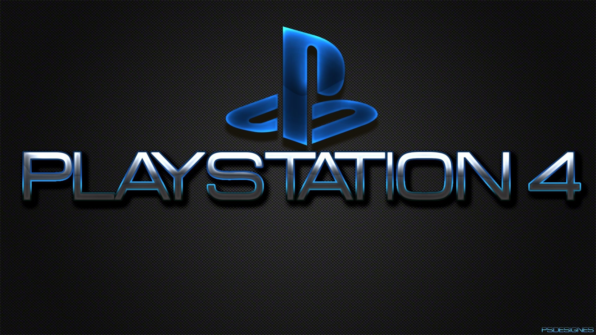 PlayStation 4 logo, Metallic blue PS symbol, Carbon fiber mesh texture, Full HD Desktop wallpaper