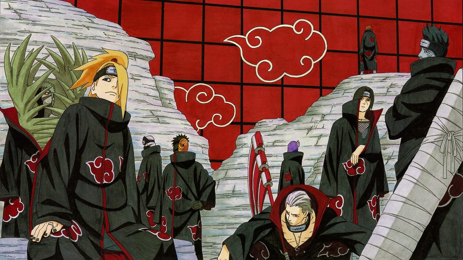 Deidara, Itachi Uchiha, Kisame Hoshigaki, Hidan, Akatsuki cloak, Full HD Desktop wallpaper