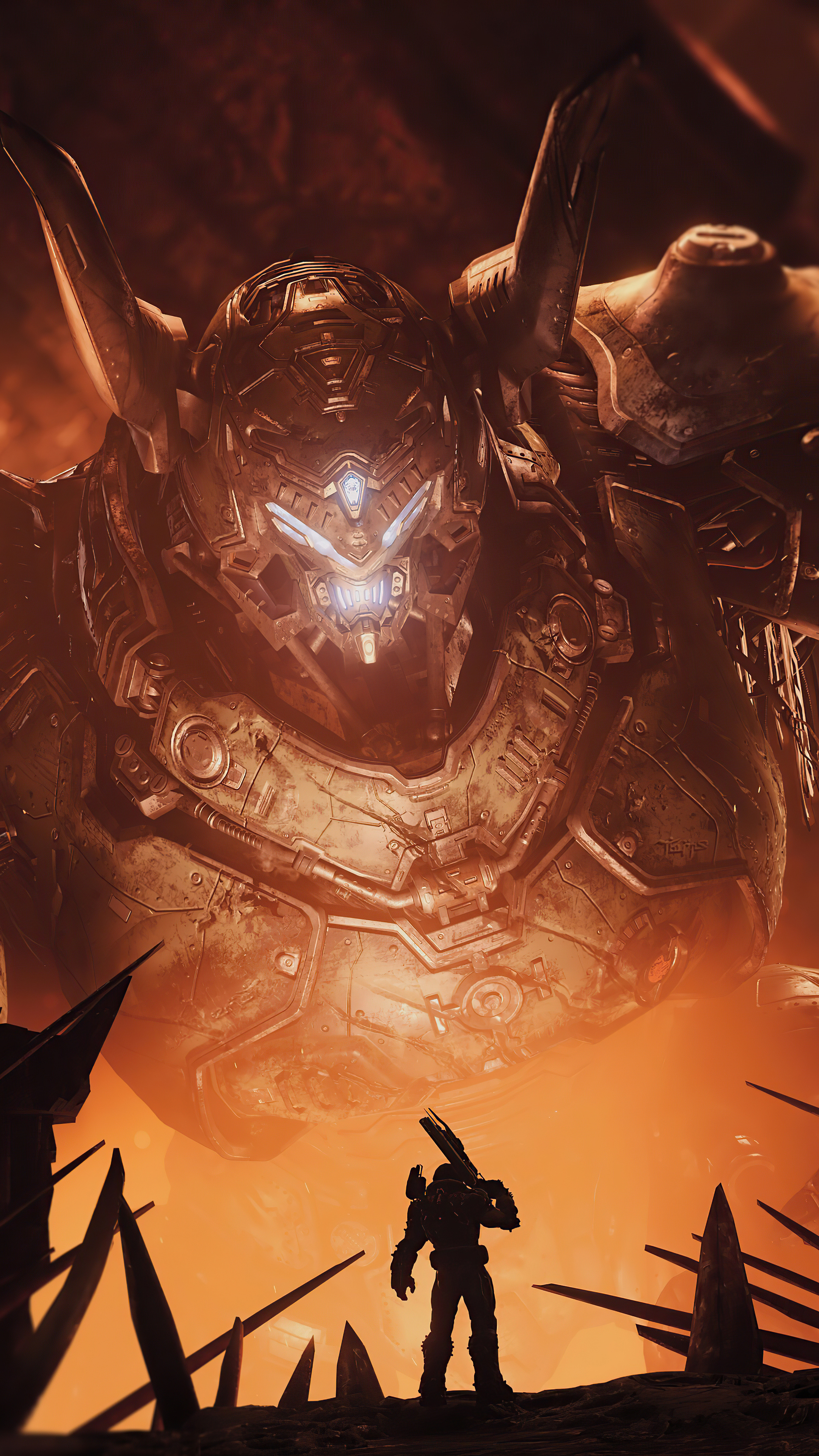 Sentinel Atlan mech, Doom Slayer silhouette, Fiery Hell landscape, 4K Phone wallpaper