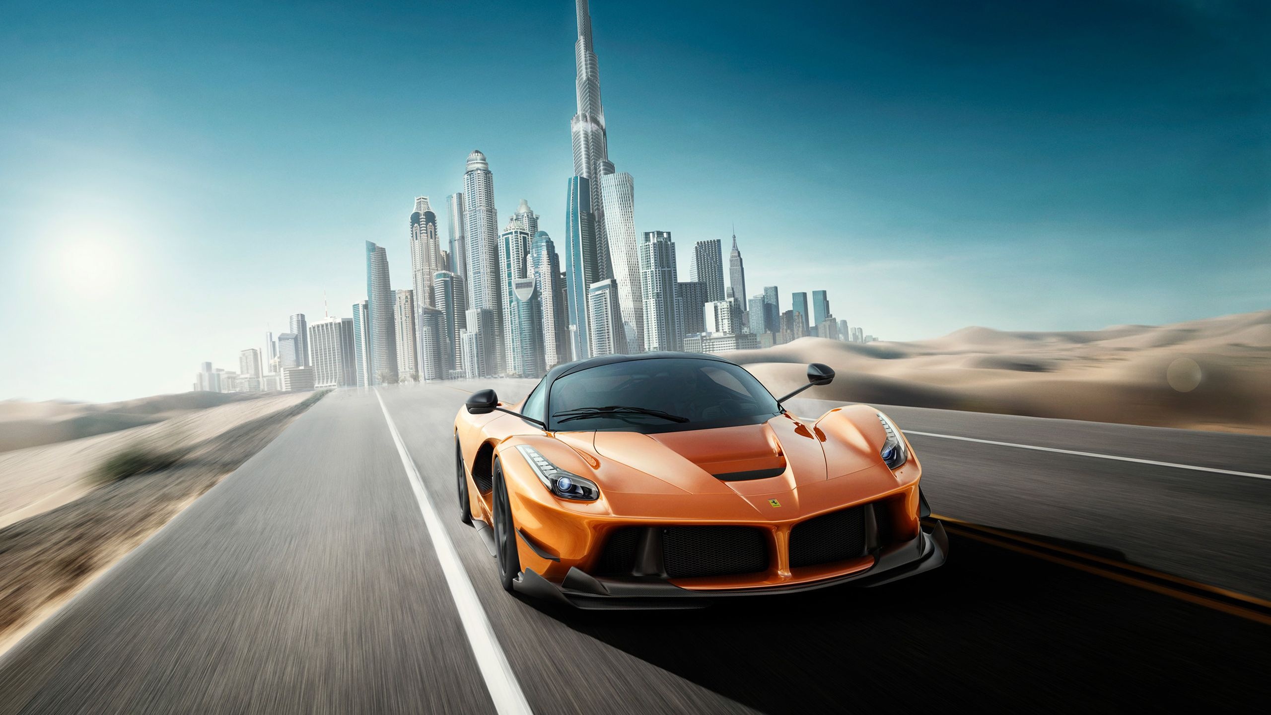 orange Ferrari LaFerrari, Burj Khalifa, Dubai skyline, HD Desktop wallpaper