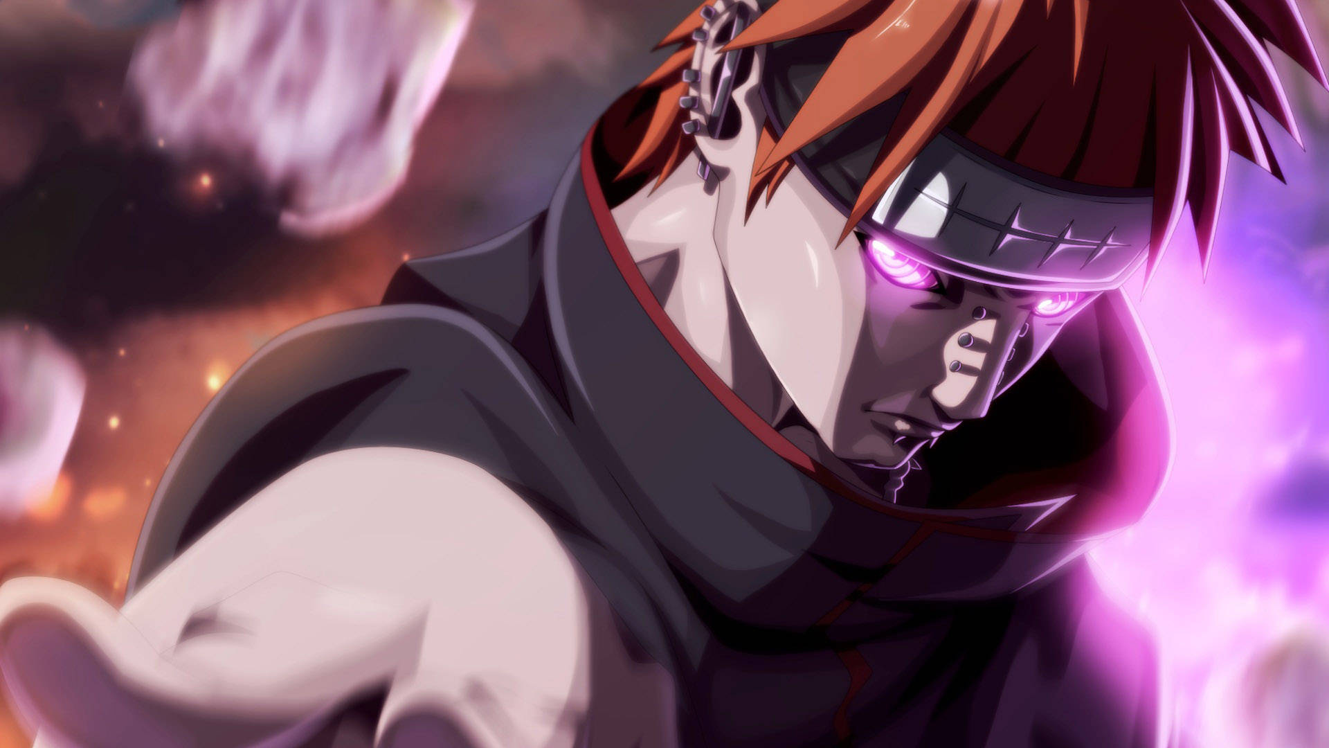 Deva Path Pain, Glowing Rinnegan eyes, Black Akatsuki cloak, Full HD Desktop wallpaper