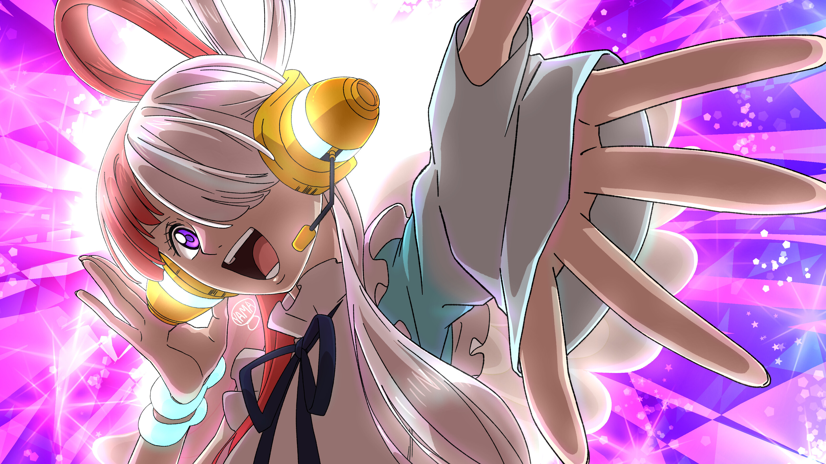 Uta, One Piece Film Red, Golden headphones, Outstretched hand, Sparkling violet light, HD Desktop wallpaper