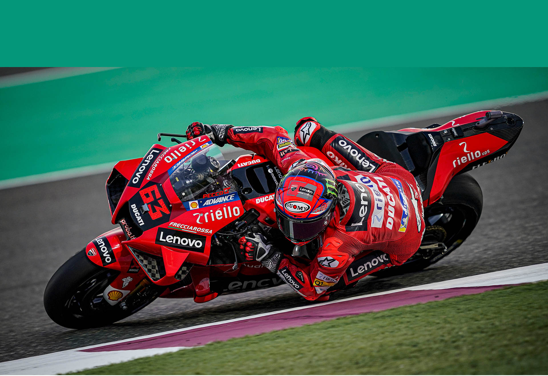 Francesco Bagnaia number 63, Ducati Lenovo Desmosedici GP, MotoGP elbow down runoff, HD Desktop wallpaper
