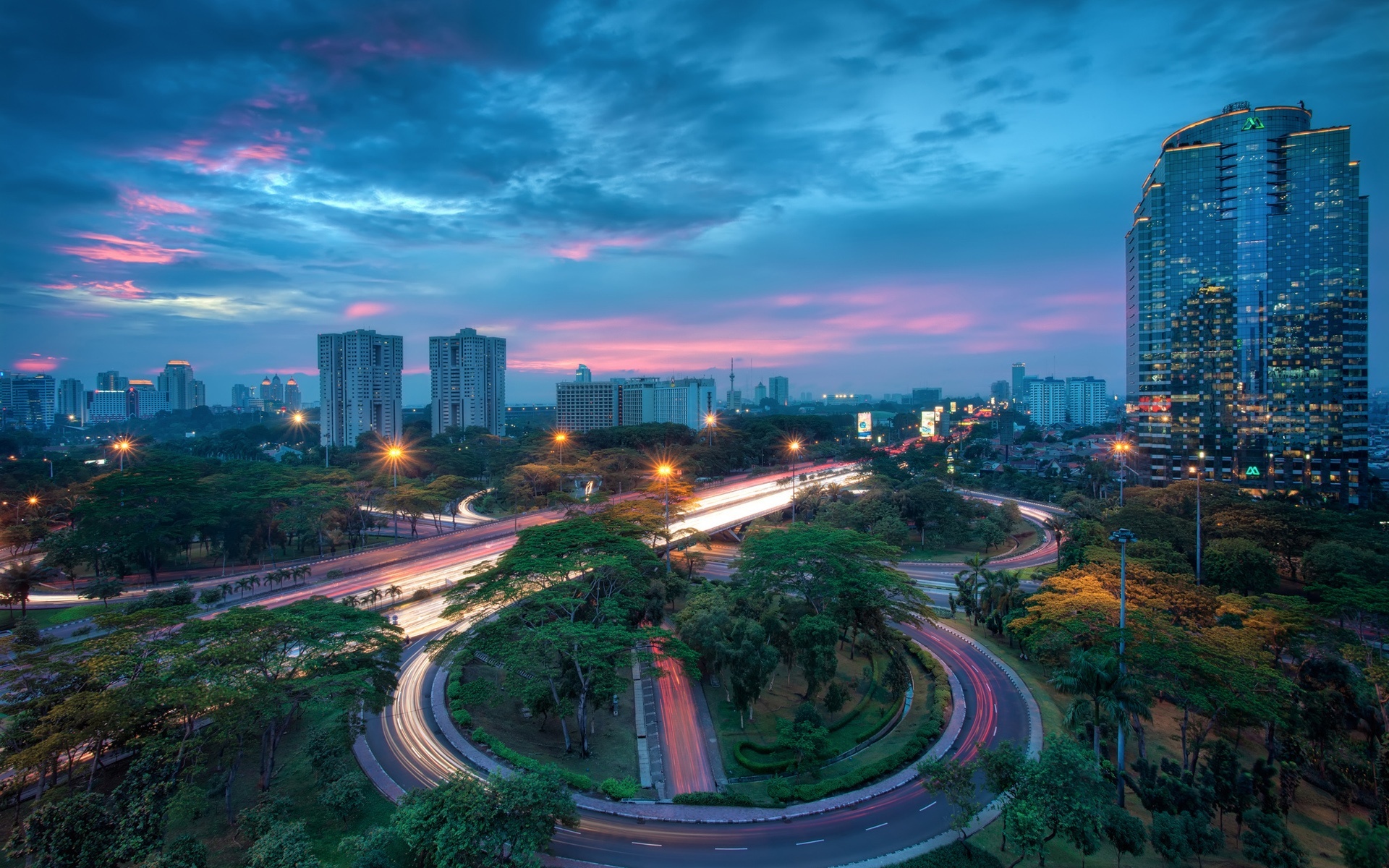 Jakarta, Indonesia, Cityscape at night, Modern skyscrapers, 1920x1200 HD Desktop