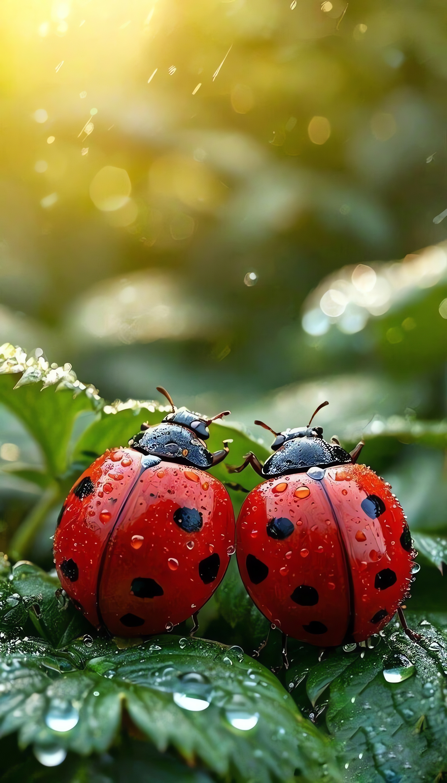 Ladybugs, Rainy, Green Leaves, Love Couple, HD Background