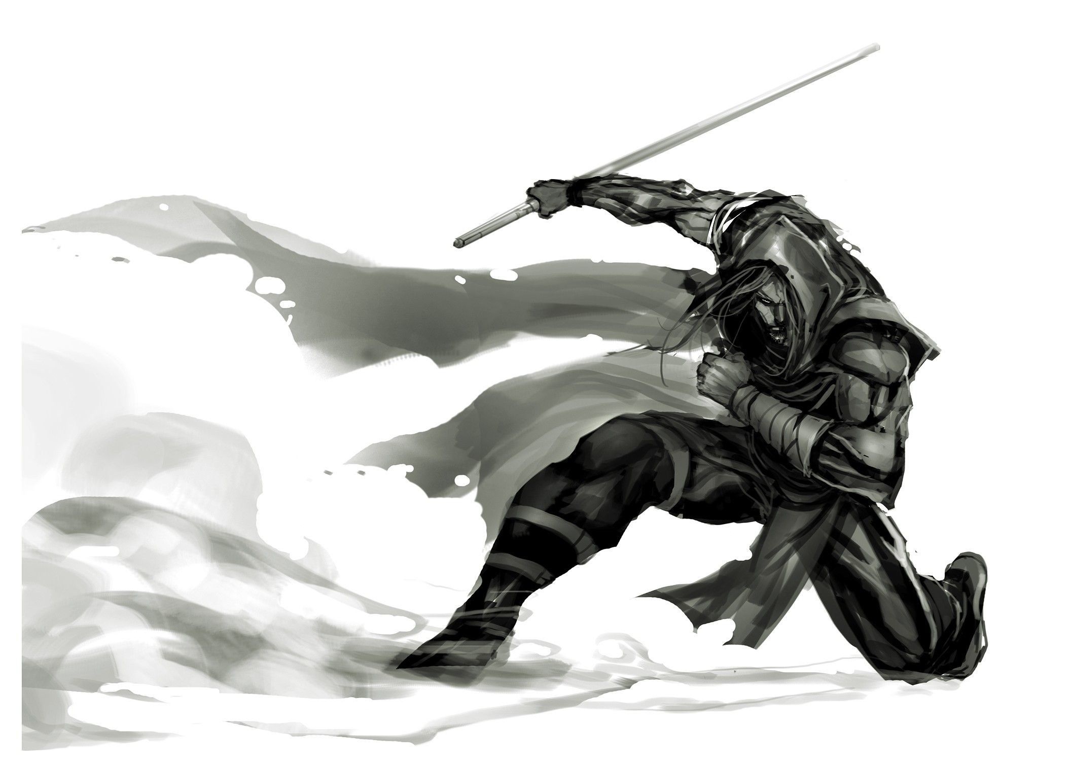 Hooded ninja warrior, Raised straight katana, Monochrome ink sketch, HD Desktop wallpaper