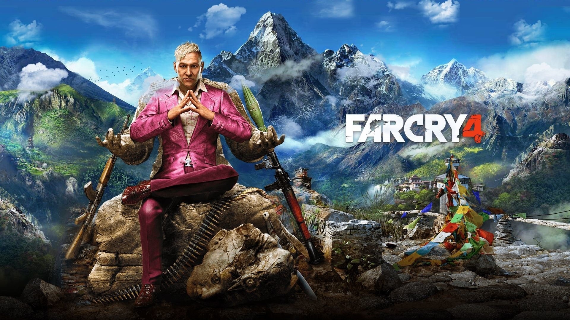 Pagan Min in pink suit, Far Cry 4 logo, Kyrat Himalayan mountain landscape, Full HD Desktop wallpaper