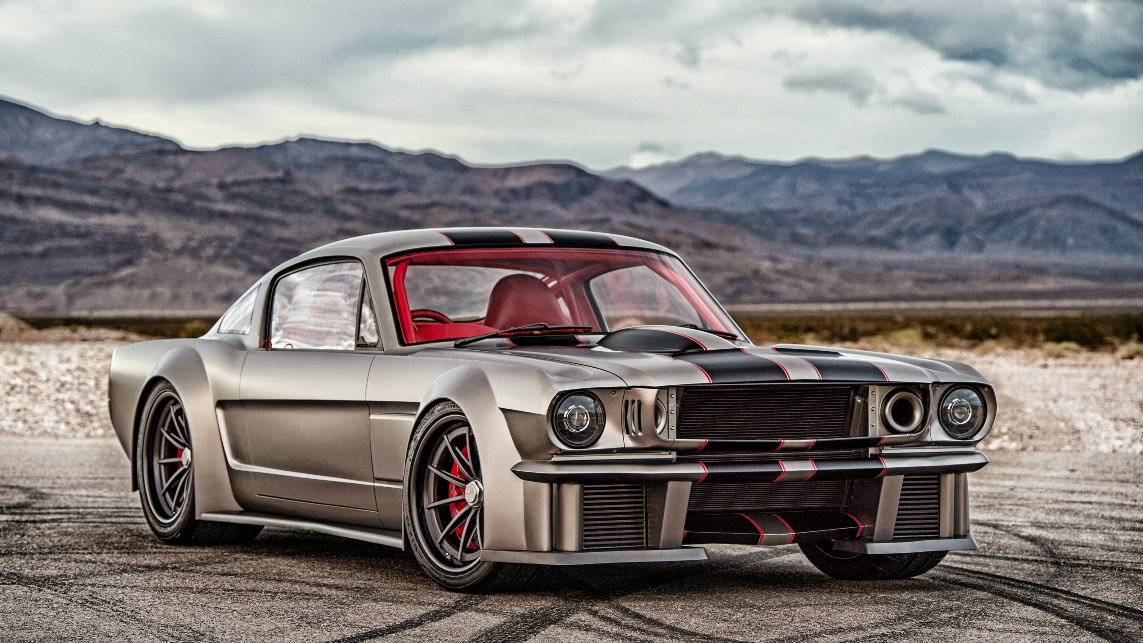 Timeless Kustoms Vicious Mustang, desert mountain landscape, red roll cage interior, 4K Desktop wallpaper