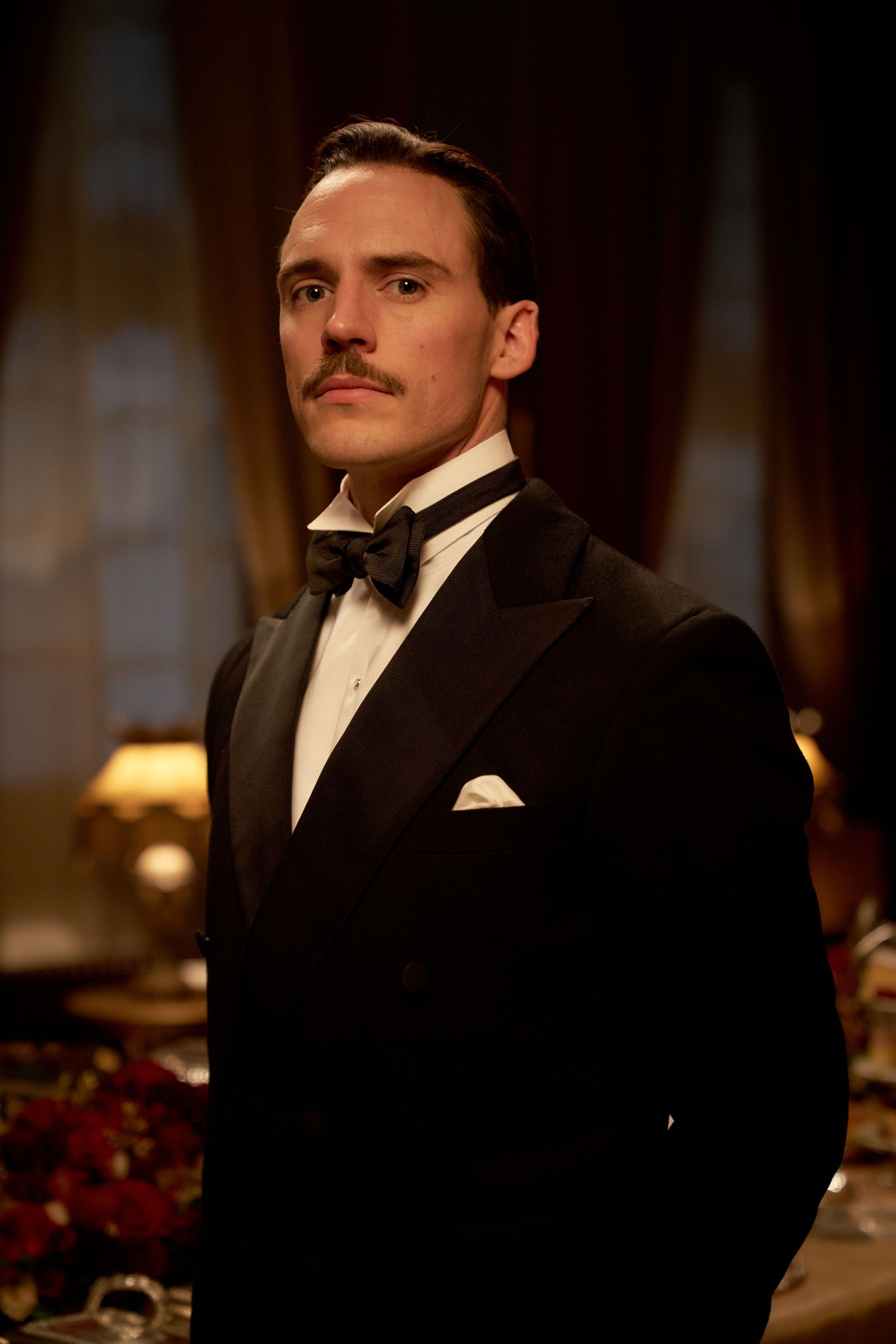 Oswald Mosley (Sam Claflin), Black tie and dinner jacket, Candlelit dining room, 4K Phone wallpaper