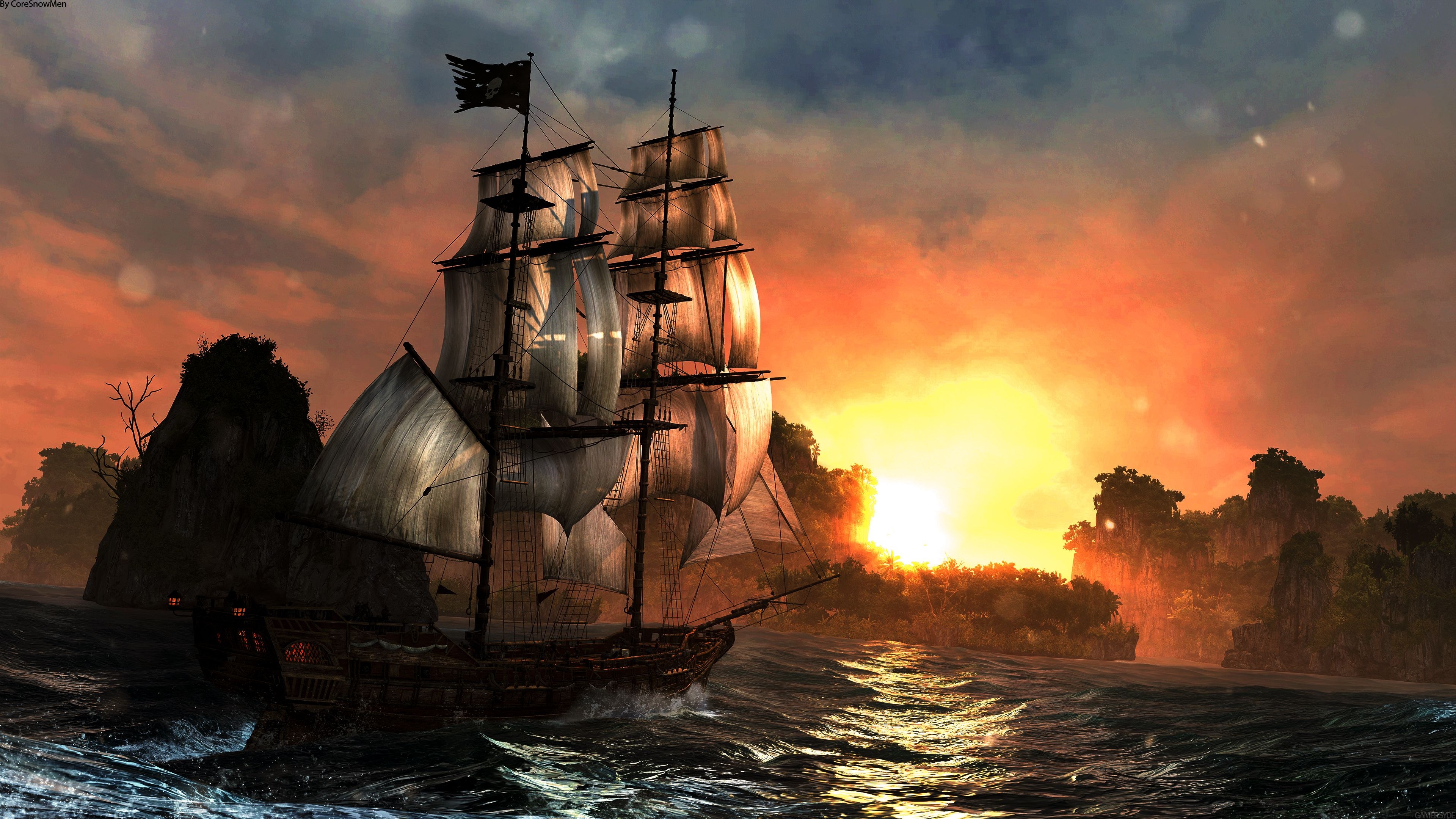 Full-rigged pirate galleon, Black Jolly Roger flag, Tropical ocean sunset, 4K Desktop wallpaper