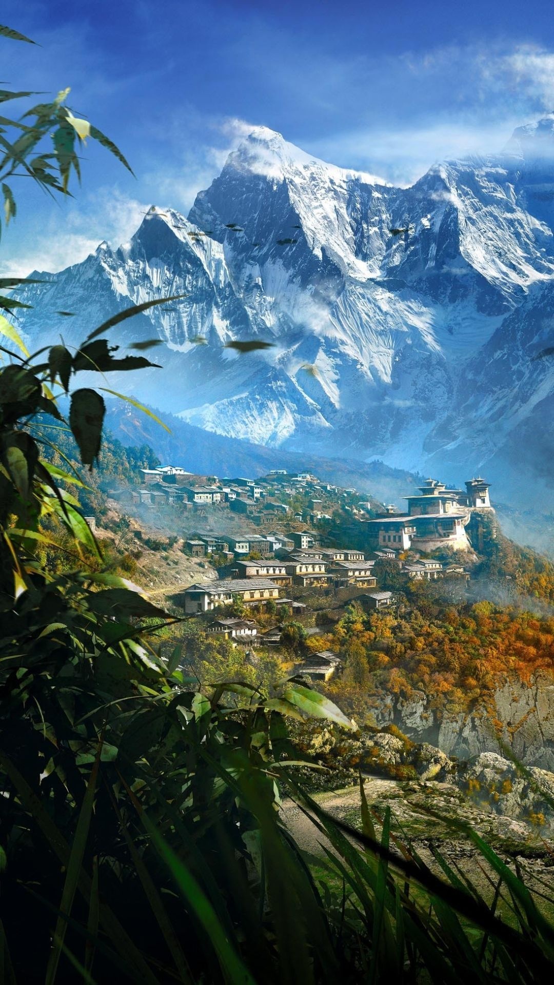 Far Cry 4 Kyrat landscape, Snow-capped Himalayan mountains, Himalayan cliffside village, Full HD Phone wallpaper