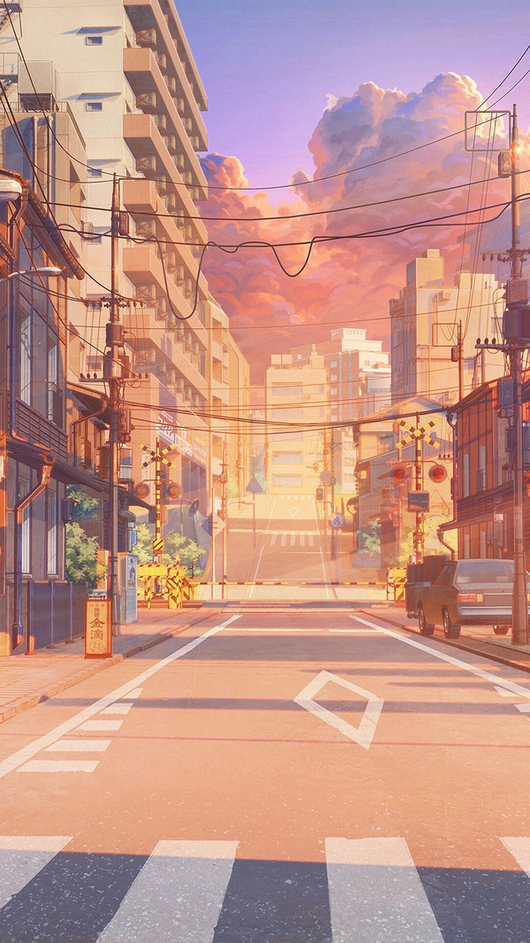 Japanese railway crossing, uphill urban street, sunset cumulus clouds, Full HD Phone wallpaper
