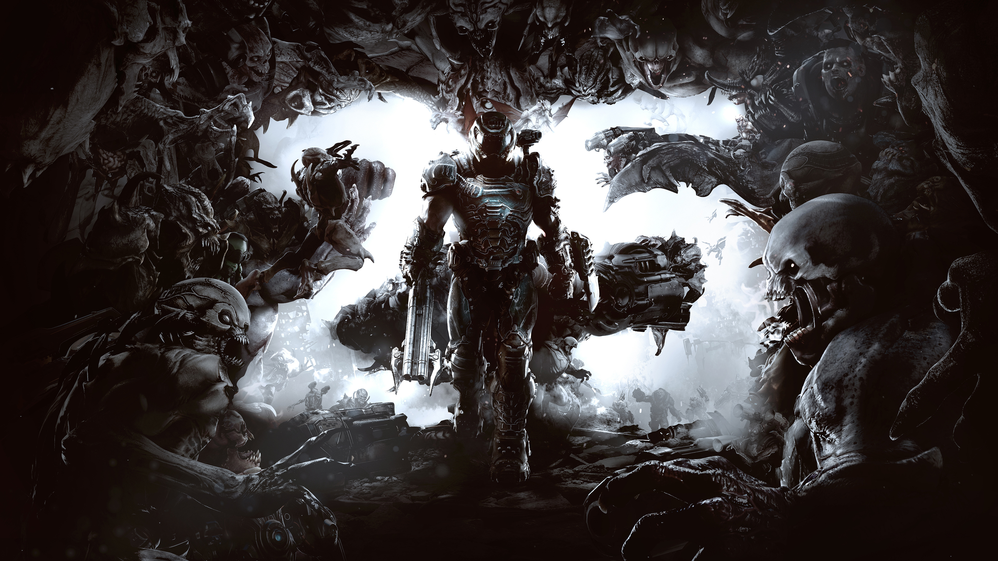 Doom Slayer, Super Shotgun, Doom Eternal demon horde, 4K Desktop wallpaper